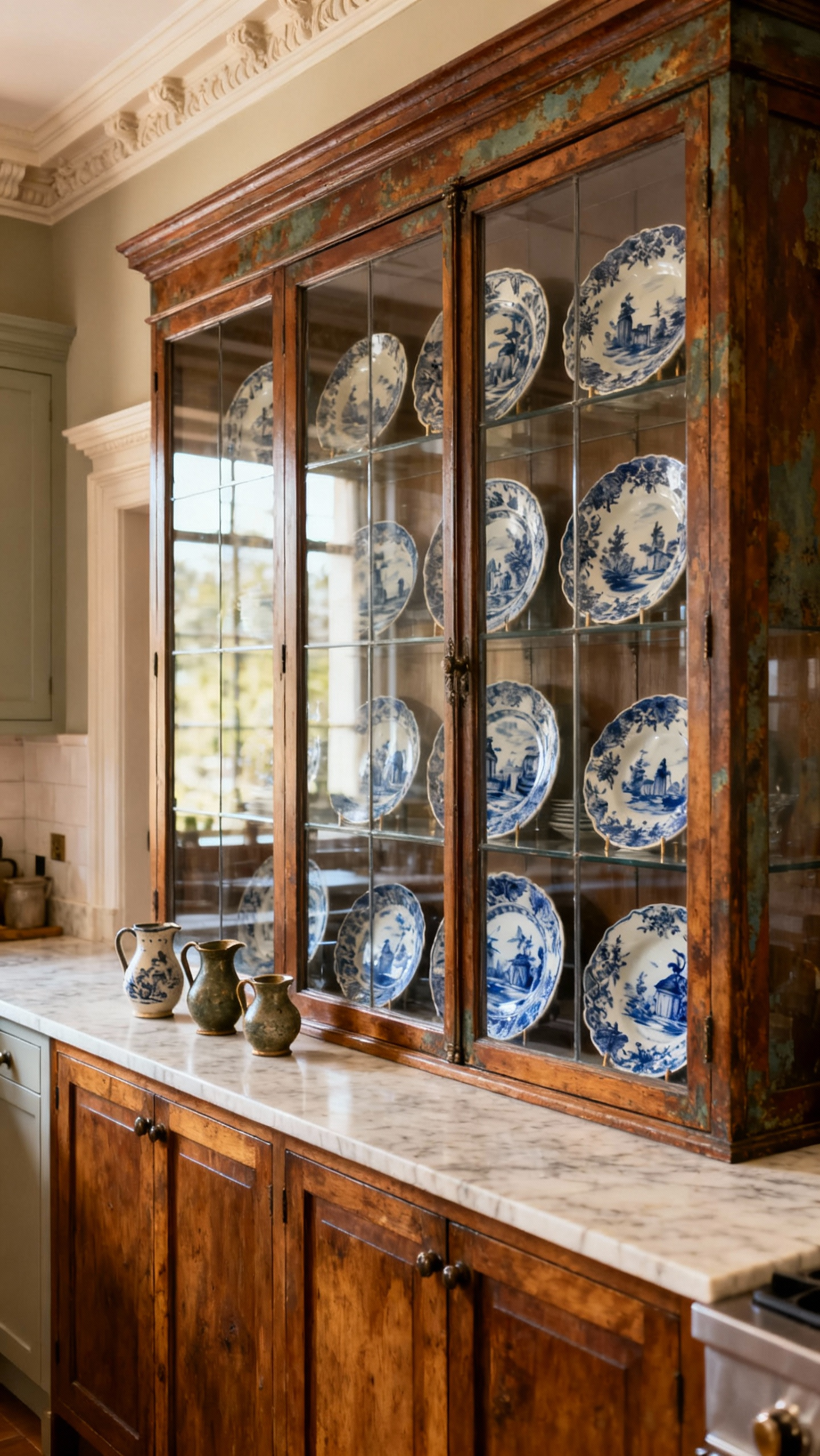 Traditional kitchen featuring a bespoke glass-front cabinet filled with a beautiful collection of blue-and-white Delftware plates and antique pitchers, lit by natural light.