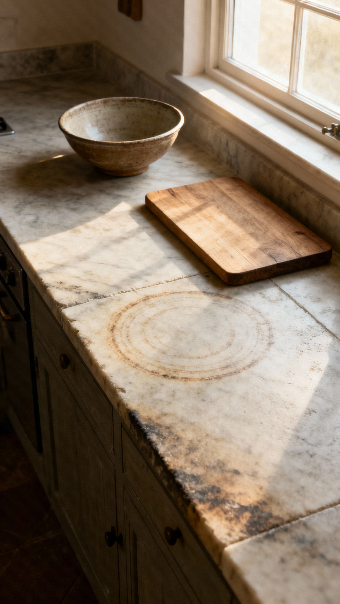 Close-up of a traditional kitchen countertop with an enduring patina, showcasing the rich texture of honed soapstone and natural signs of age and use. Focus on natural materials, character, and timeless design.