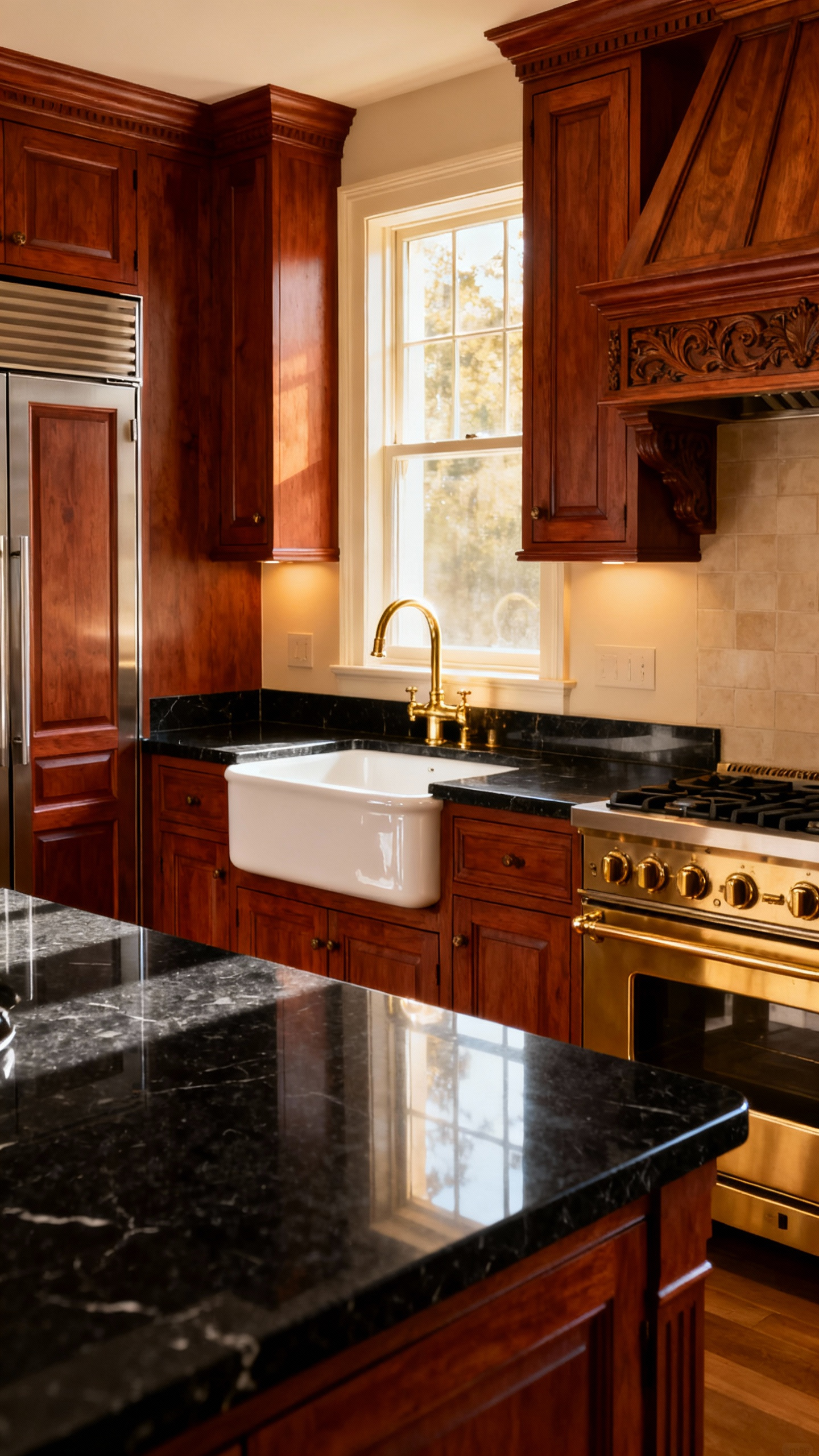 Traditional kitchen layout showing an optimized kitchen triangle with a farmhouse sink, integrated refrigerator, and professional range for efficient workflow.
