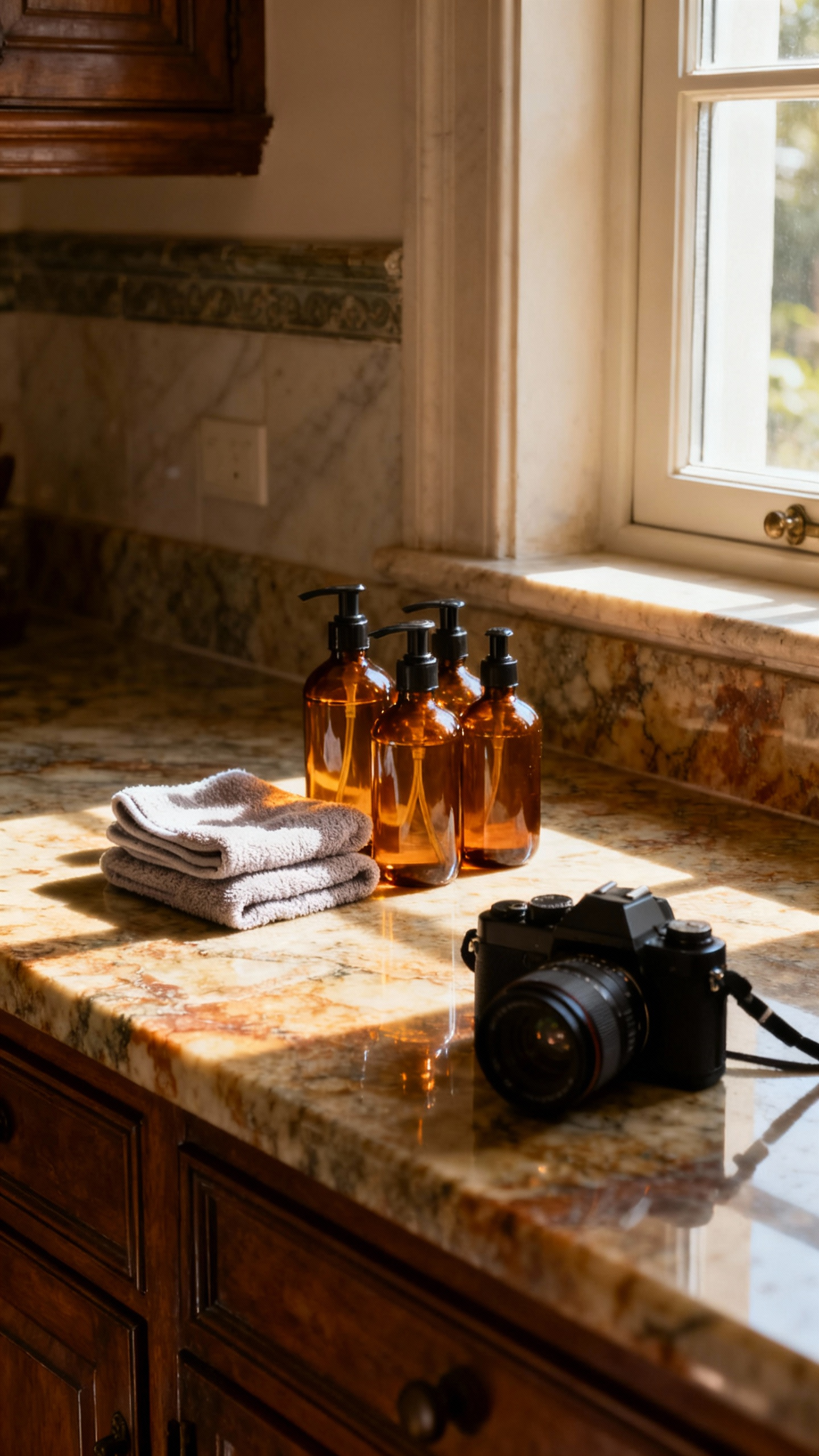 Eco-friendly cleaning products on a pristine traditional marble kitchen countertop, symbolizing sustainable maintenance and preservation.