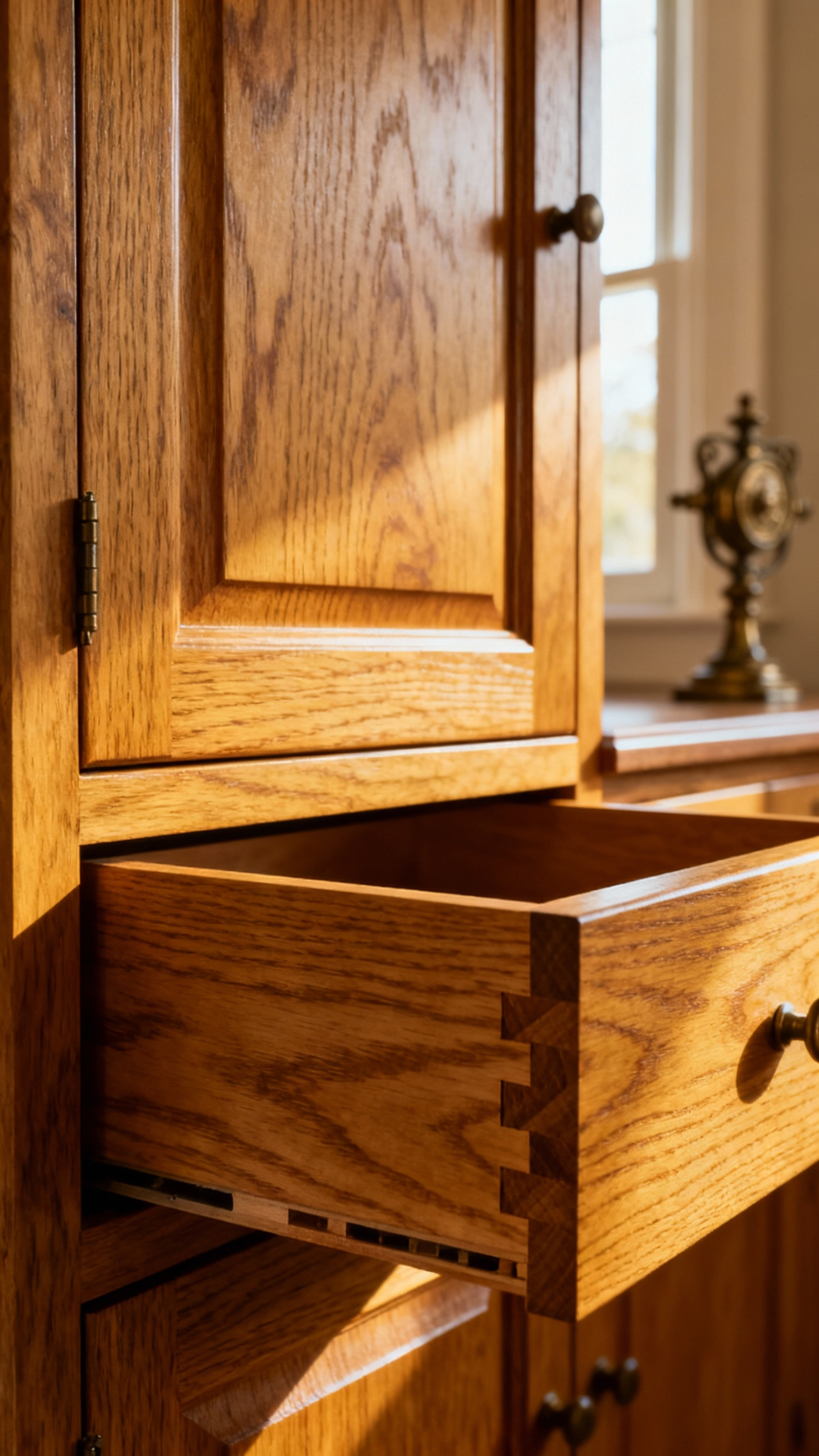 Close-up of traditional kitchen cabinetry with artisan craftsmanship, featuring hand-planed solid wood and visible dovetail joinery, highlighted by natural light.