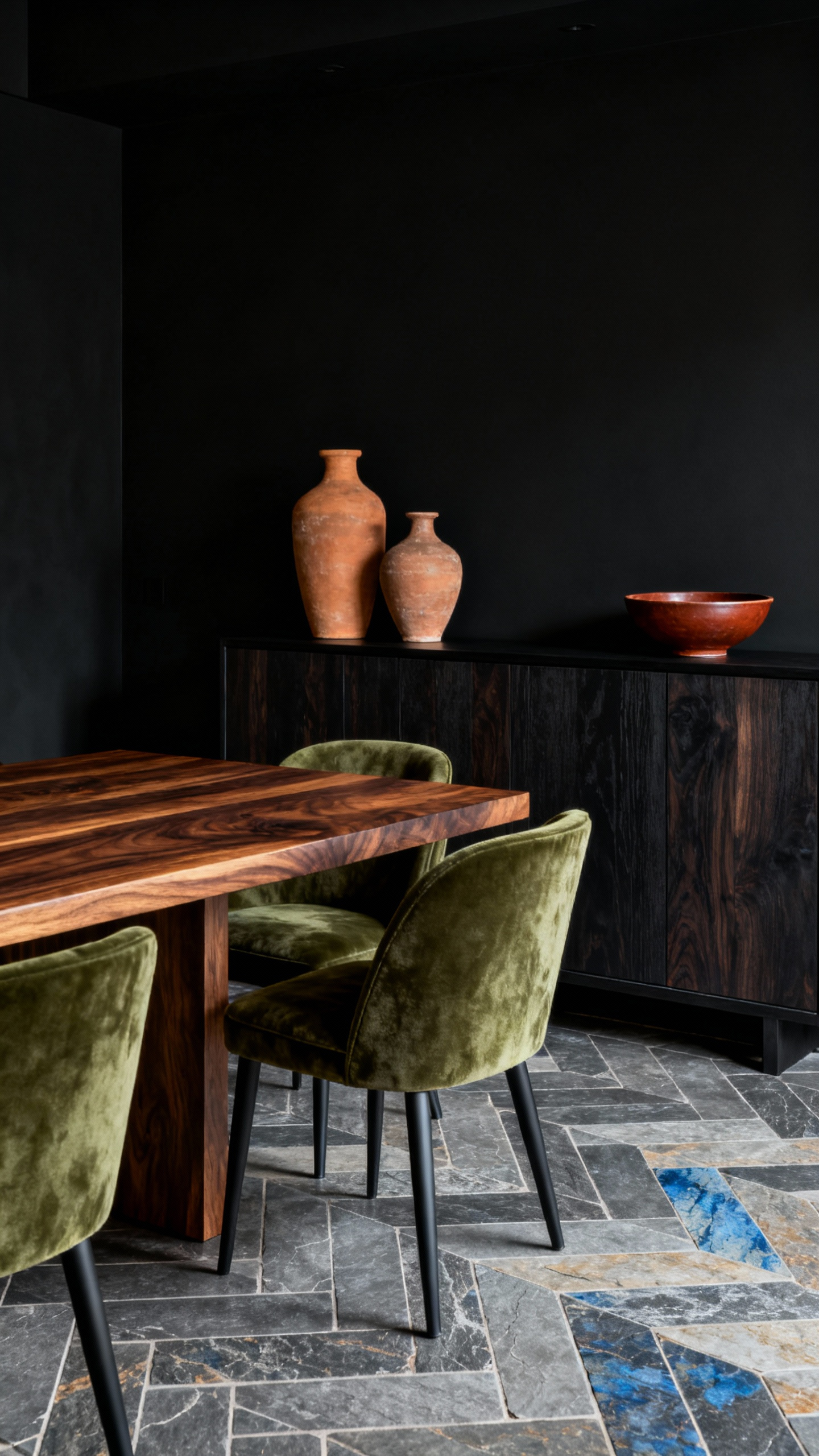 A 'Gothic Romance Modernist' black dining room featuring a dark walnut table, deep moss green velvet chairs, and a natural slate floor. Terracotta accents on a dark sideboard temper the dark walls with warm, earthy tones, showcasing elegant depth.