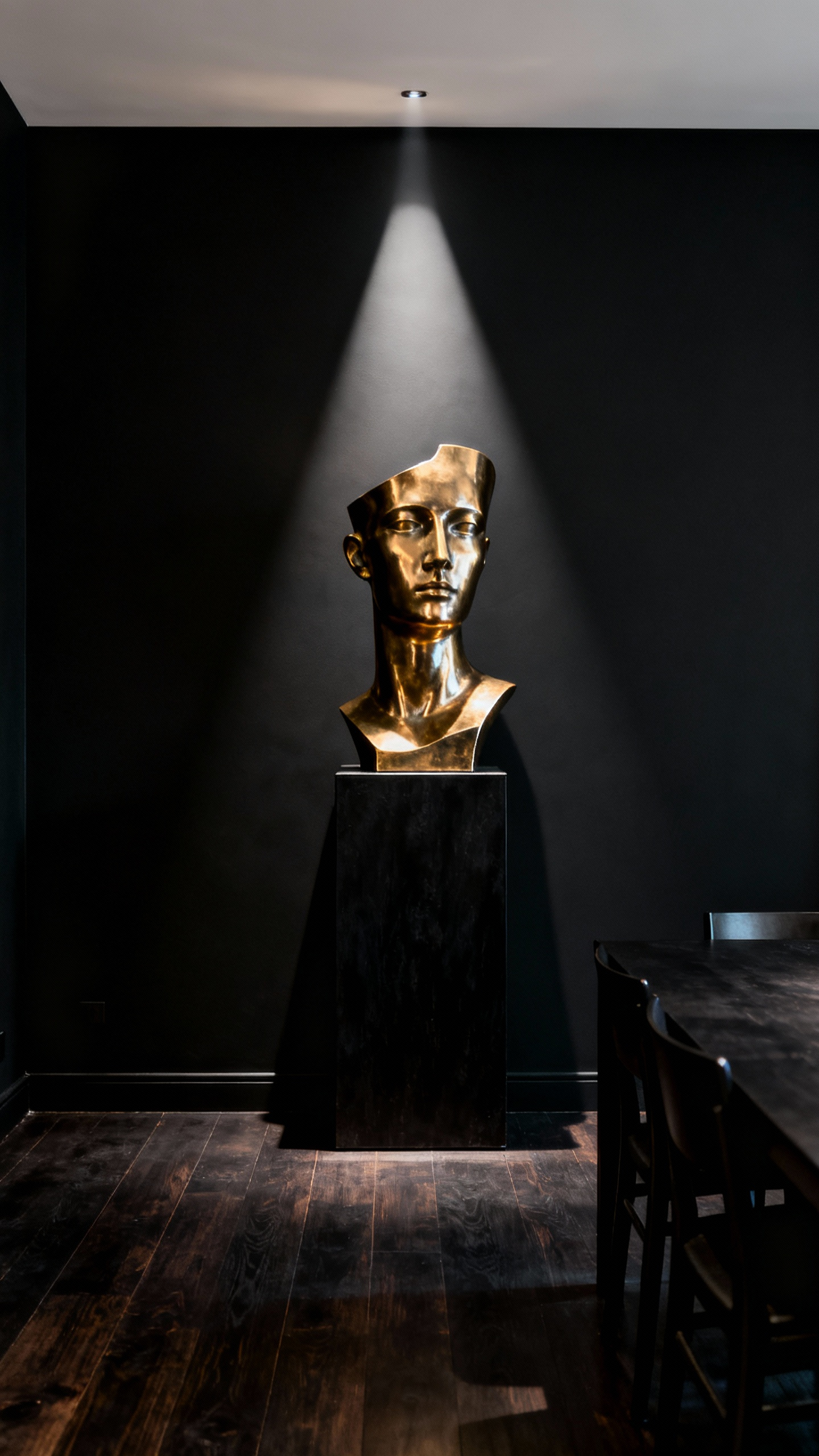 A sophisticated black dining room featuring a polished brass abstract sculptural bust on a dark plinth, dramatically illuminated by a spotlight against a matte black wall, showcasing impactful sculptural decor and personality.