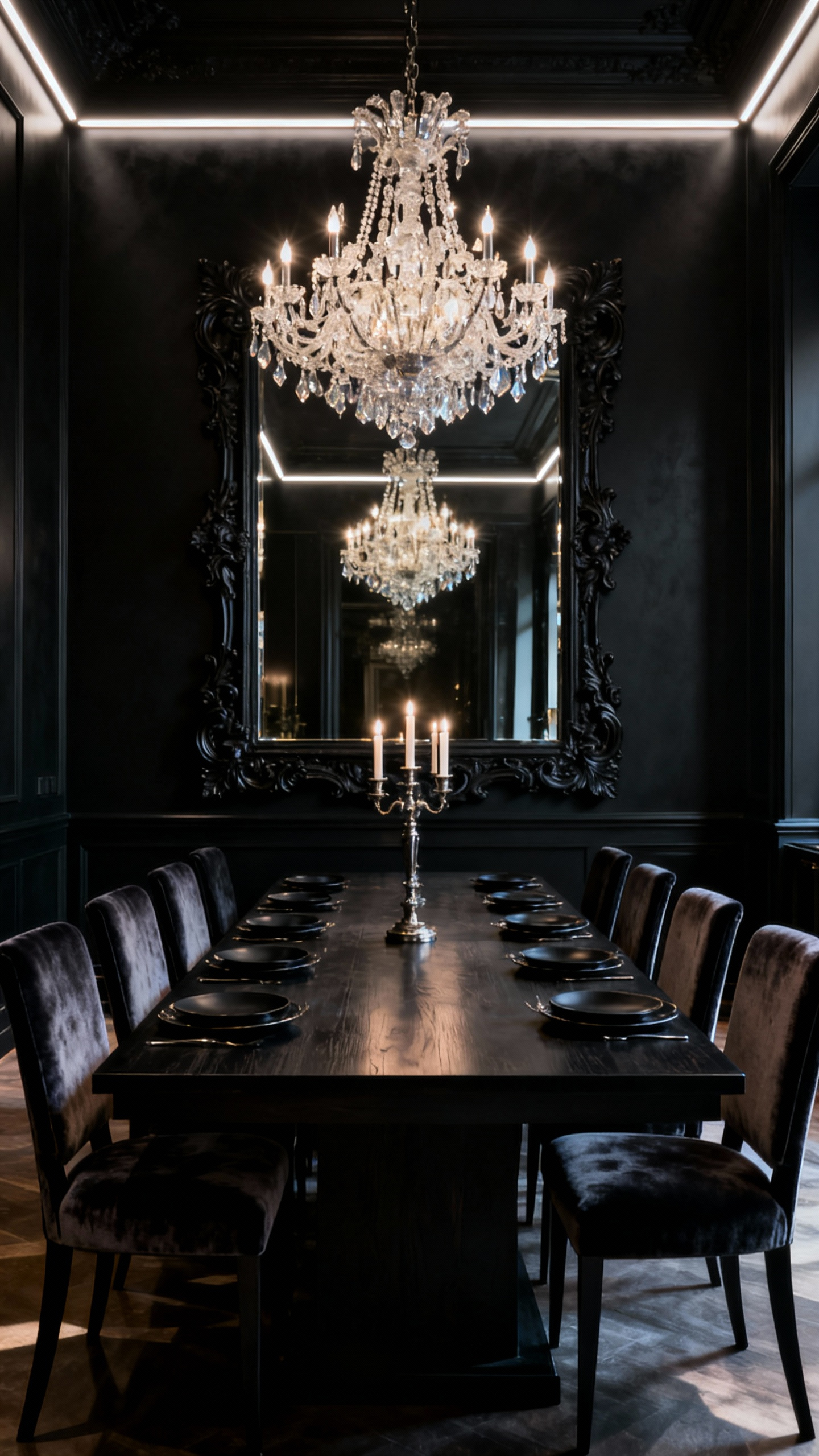 Elegant black dining room with a large, ornate, gilded antique mirror reflecting a crystal chandelier, creating an illusion of expanded space and luxurious depth.