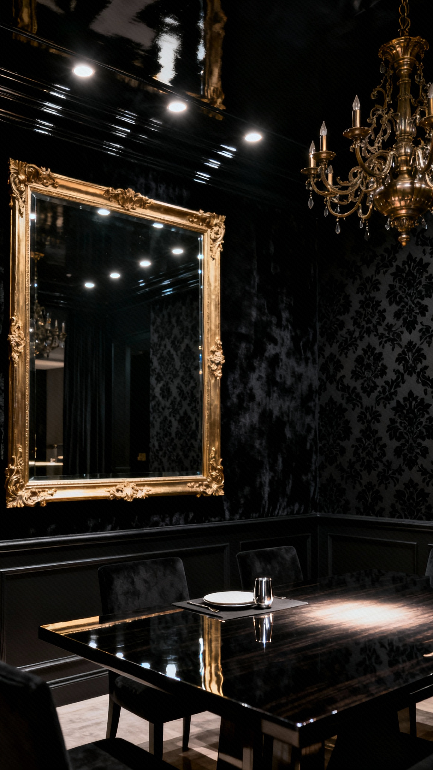 Luxurious black dining room with reflective surfaces, gold mirror, and multi-layered lighting creating an expansive and deep visual effect, demonstrating how black doesn't shrink a room.