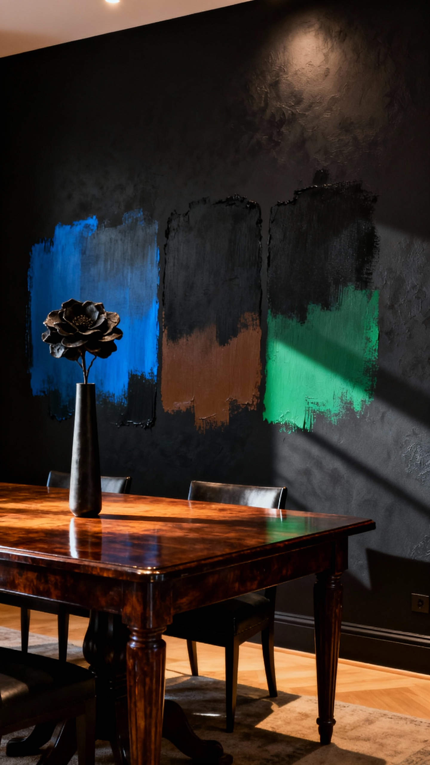 Sophisticated black dining room showcasing three large paint swatches on a wall with subtle blue, brown, and green undertones under warm accent lighting, beside a dark wood dining table, illustrating depth and hue selection.