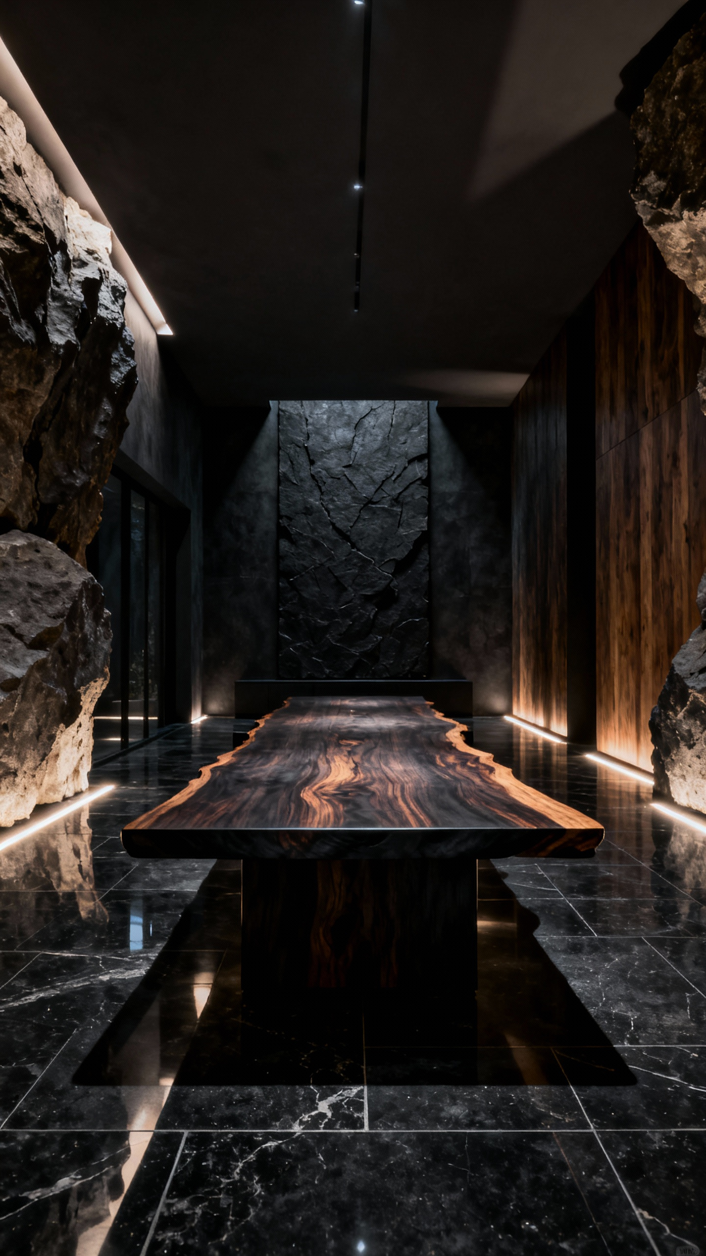 Black dining room featuring a long live-edge black walnut dining table and polished black granite floors, with a dark textured slate feature wall. Accent lighting highlights the natural textures of stone and wood.