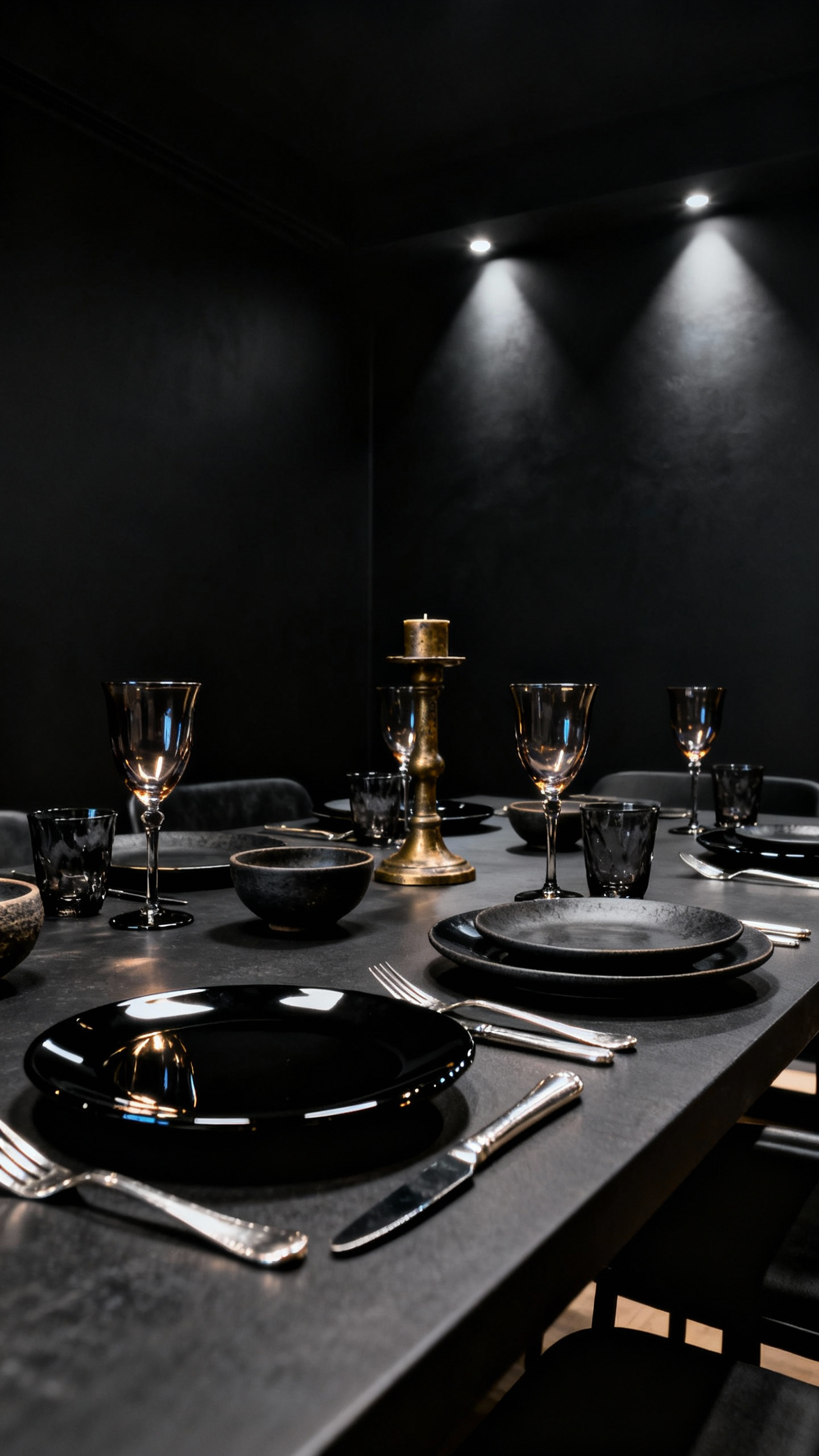 Elegantly set black dining room table featuring reflective tableware like polished silver cutlery, smoky crystal goblets, and glossy black charger plates under dramatic spotlighting, with antique silver candelabras for a Gothic Romance Modernist aesthetic.