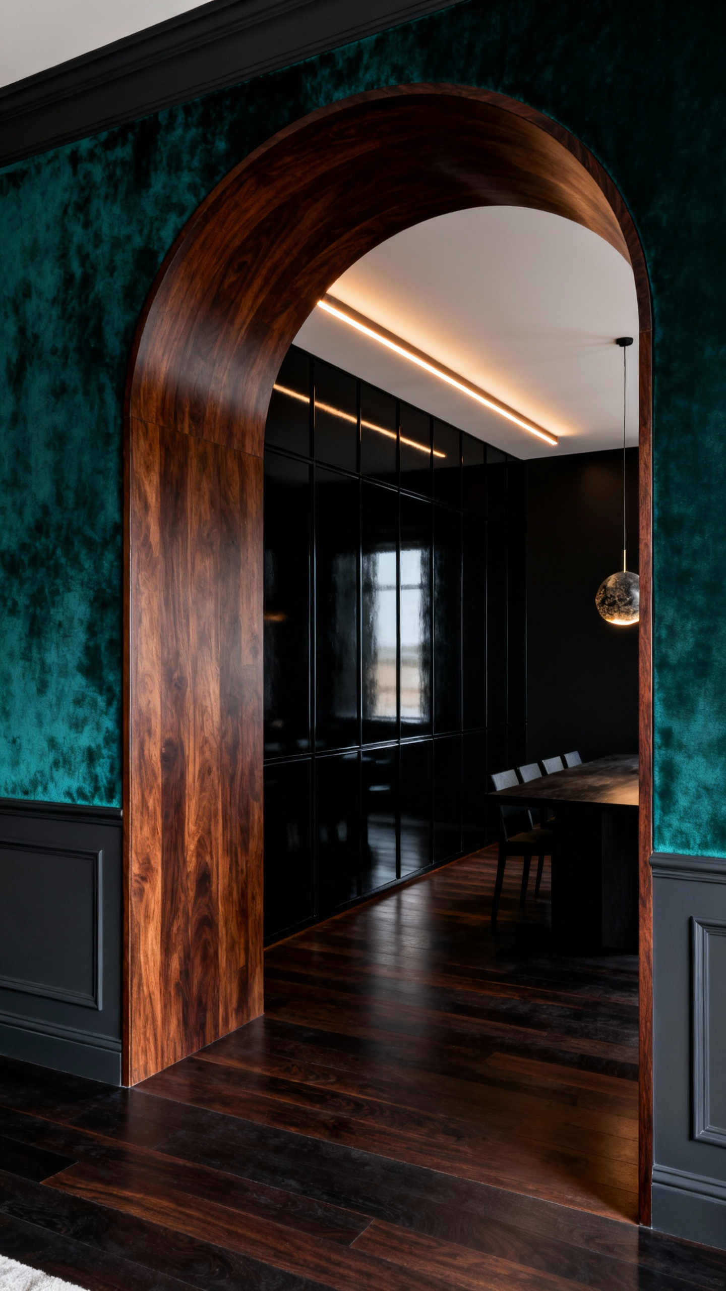 Elegant archway bridging a dark living room and a black dining room, featuring continuous dark oak flooring and subtle integrated lighting, exemplifying dark tones integration.