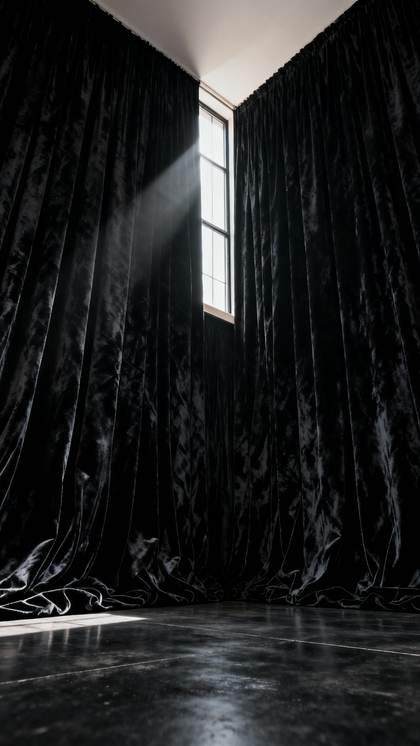 Luxurious, floor-to-ceiling crushed black velvet drapes pooling on the floor, framing a window in a sophisticated black dining room, creating a dramatic and elegant ambiance with soft diffused lighting.
