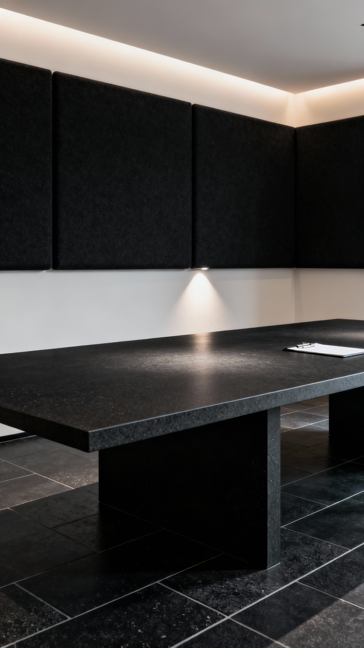 A modern black dining room interior featuring durable surfaces; a sintered stone table, honed basalt floor, and matte acoustical wall panels are illuminated by subtle lighting, emphasizing operational resilience and longevity.