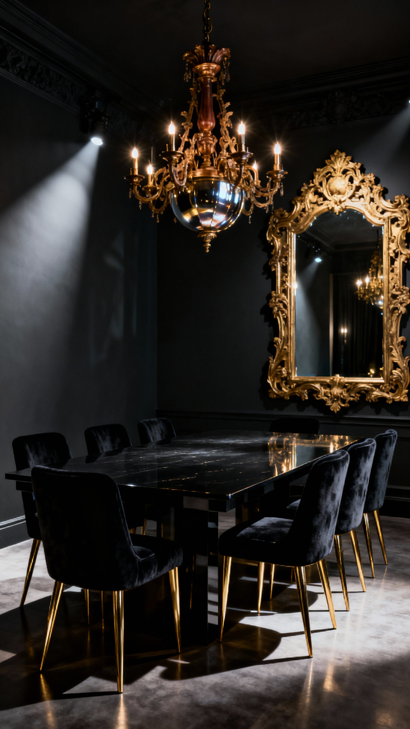 Dramatic black dining room with a grand brass chandelier, metallic dining chair legs, and a gold-leafed mirror reflecting soft light, enhancing glimmering depth and gothic modernist opulence.