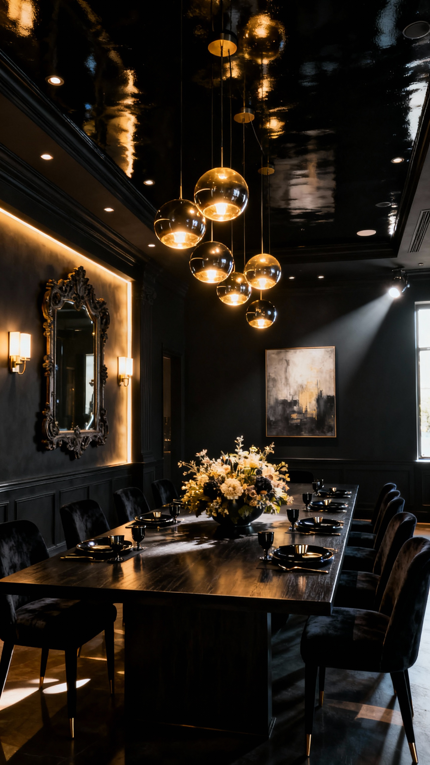 Luxurious black dining room featuring layered lighting, warm pendant lights, reflective antique mirror, dark wood table, and velvet chairs, creating a dramatic and intimate atmosphere with zones of warmth and light.