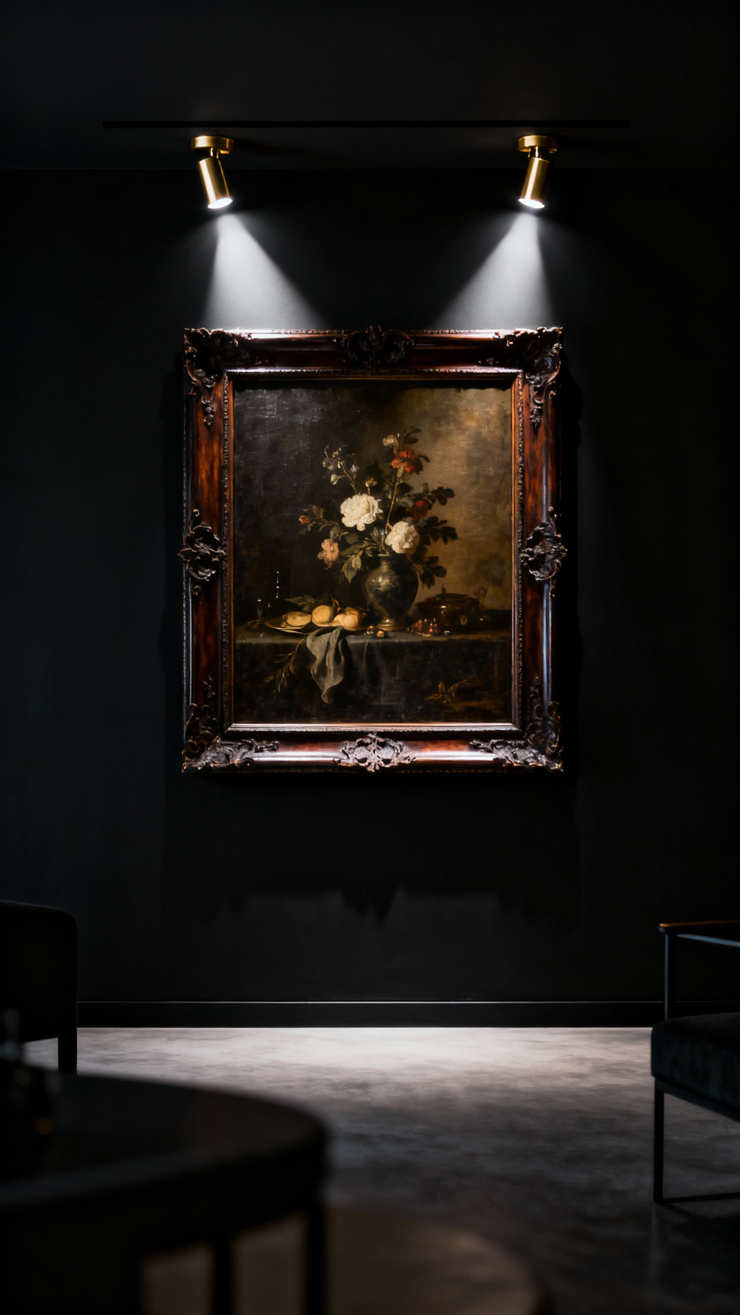 Dramatic 17th-century Dutch Master still-life painting in an ornate gilt frame, illuminated by LED picture lights, on a matte black dining room wall, showcasing elegant dark art as a focal point.