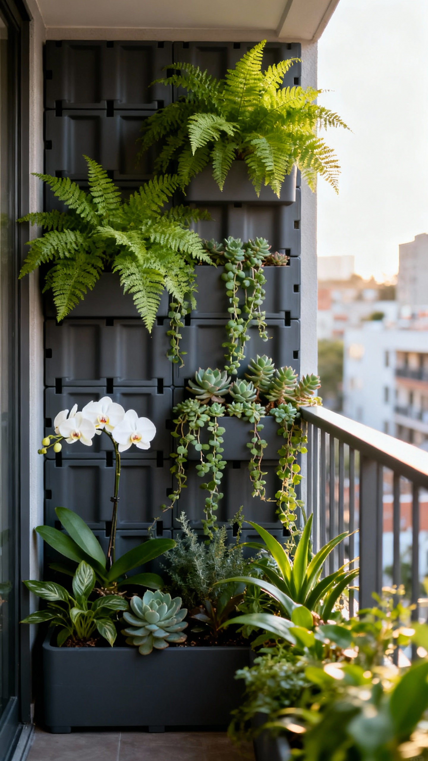 A flourishing vertical garden on a small urban balcony, featuring diverse green plants and a modern modular system, enhancing the aesthetic of a city living space.