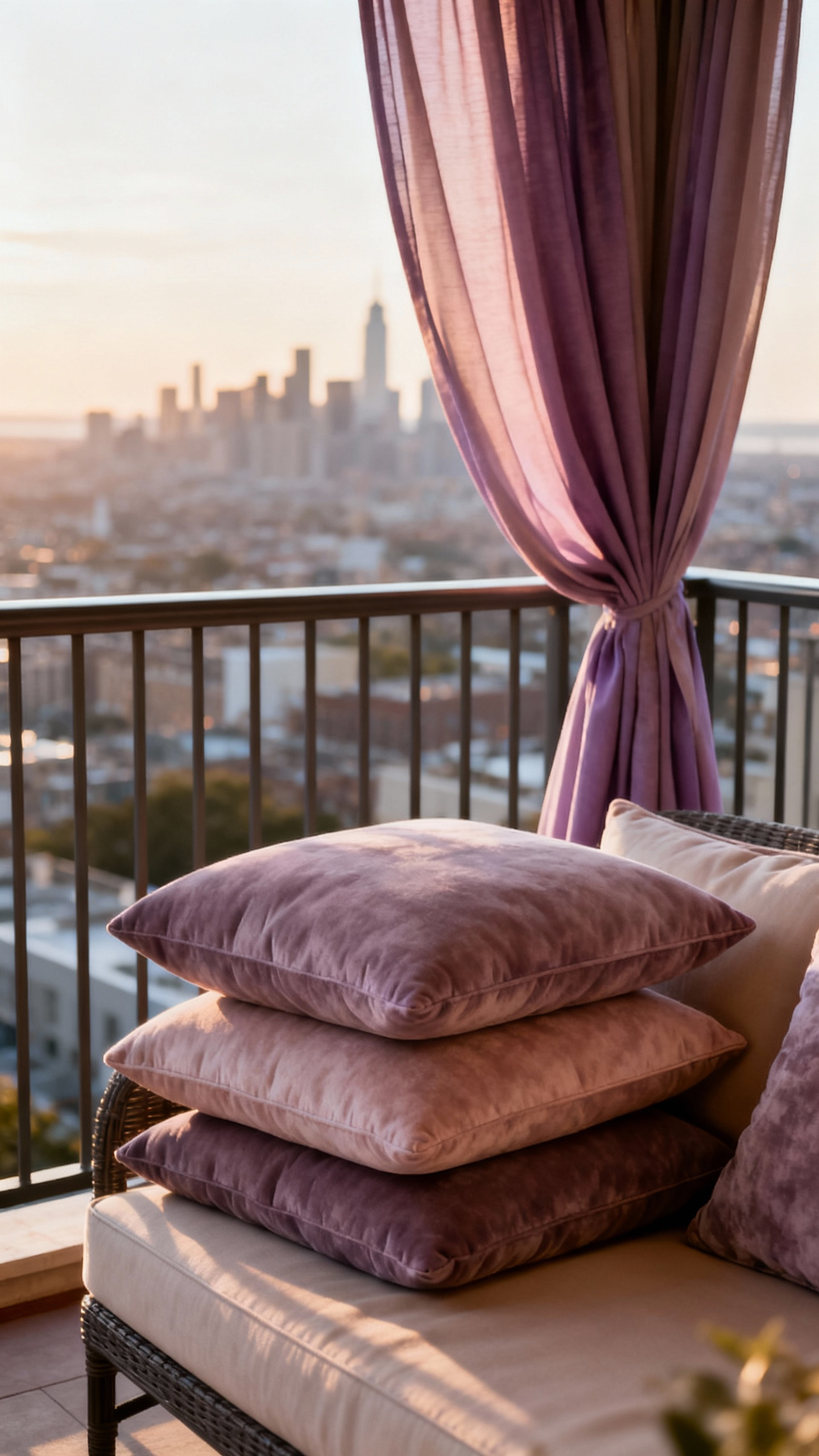 Luxurious balcony featuring stacks of sophisticated performance outdoor cushions and elegant drape panels, set against a cityscape backdrop. The textiles are durable, plush, and weather-resistant, enhancing comfort and style.