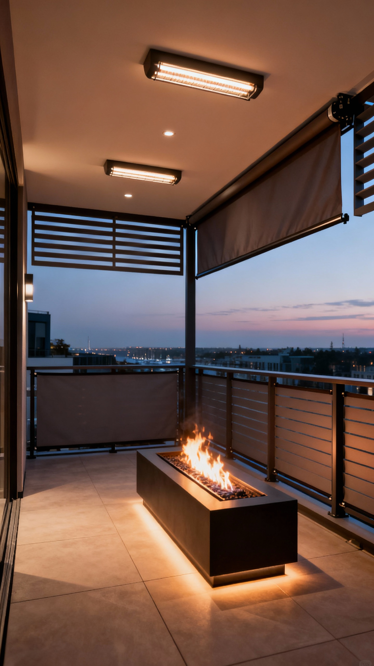 Sophisticated multi-seasonal balcony with integrated heating elements like overhead radiant heaters and all-weather protections such as retractable awnings or a louvered pergola, ensuring year-round comfort.