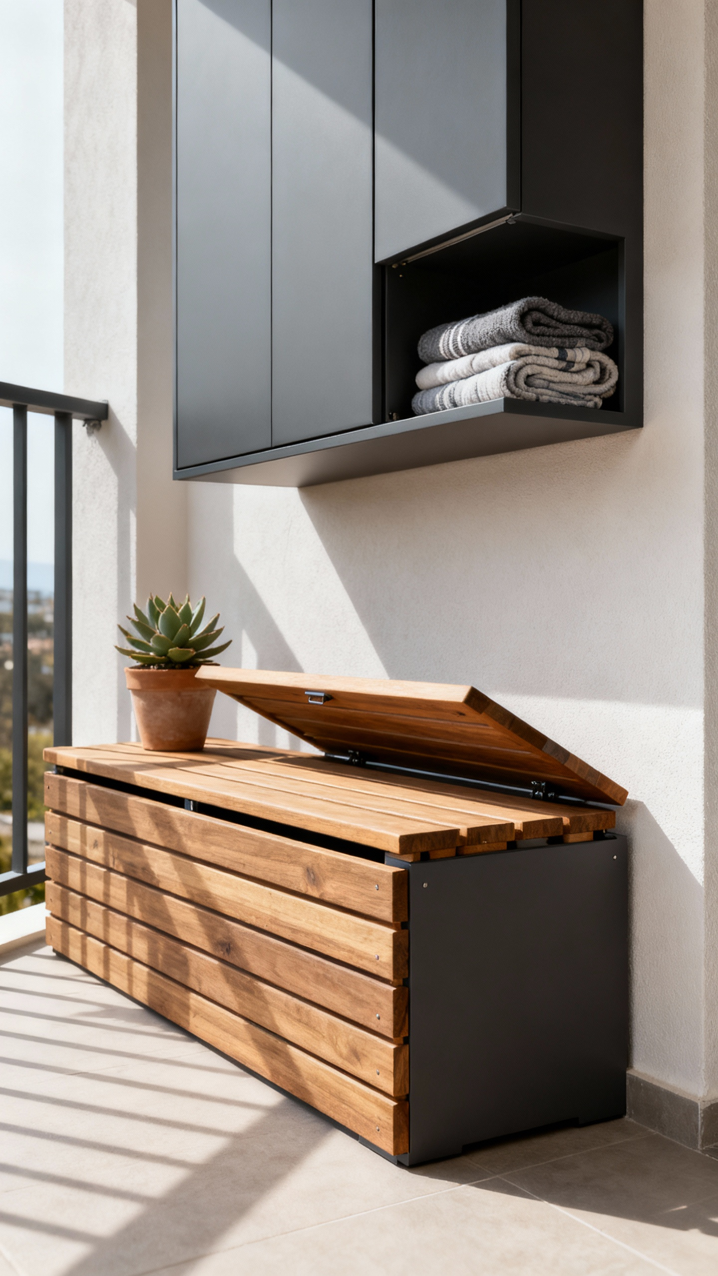 Stylish balcony with integrated storage bench and wall-mounted cabinet, showcasing efficient outdoor organization.