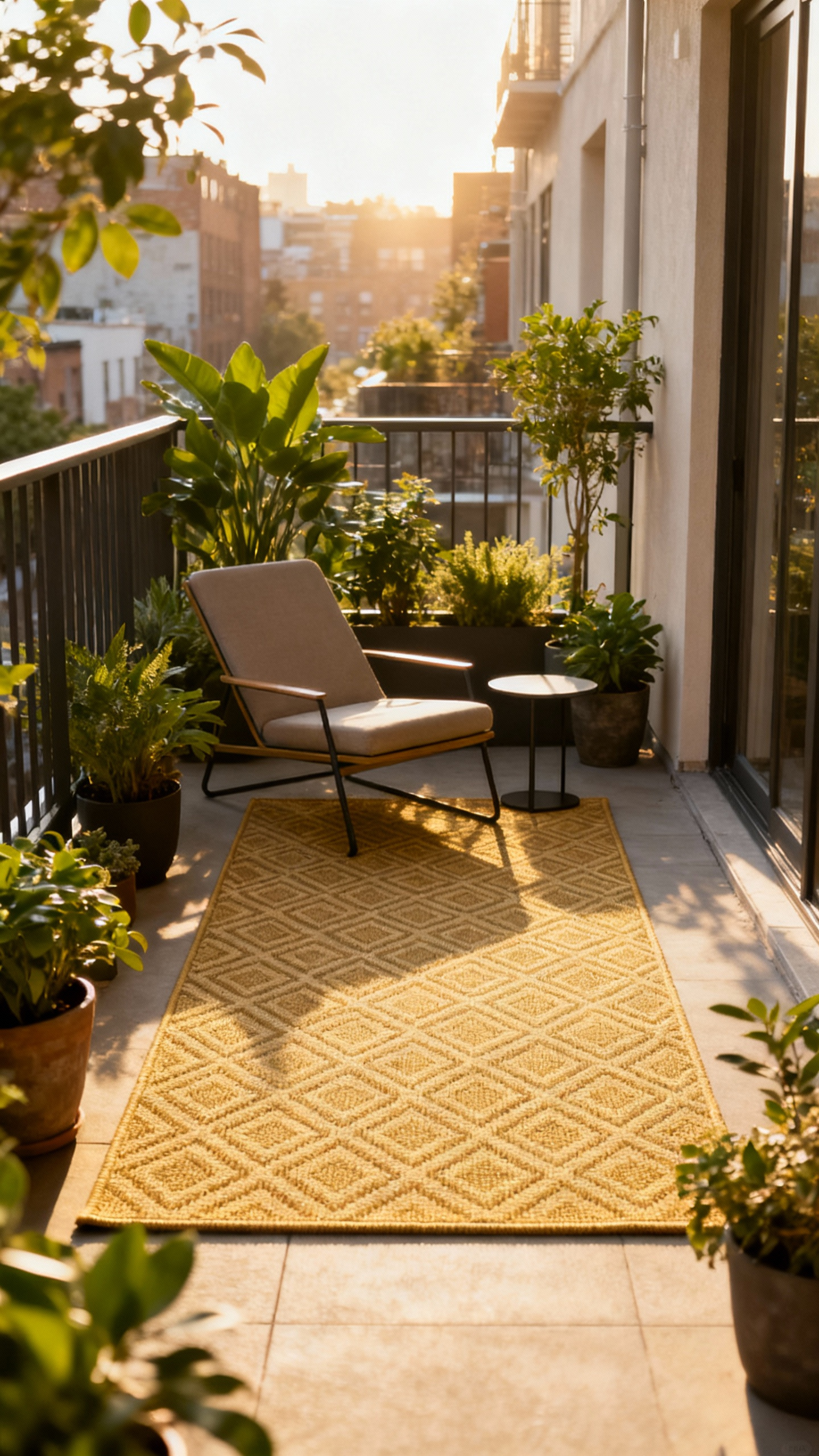 Stylish outdoor polypropylene rug anchoring a modern balcony space with lounge furniture and potted plants, defining a cozy seating area.