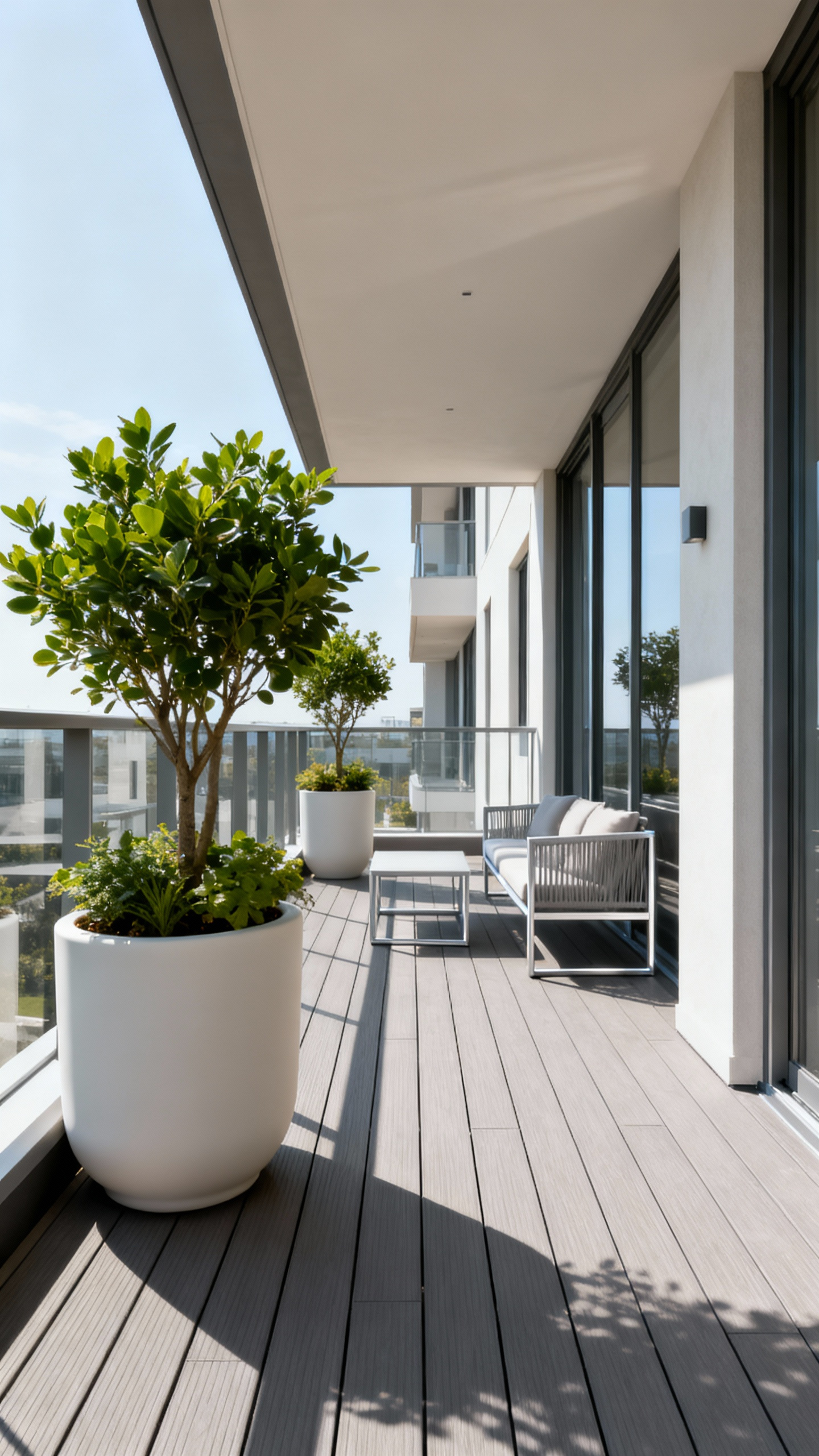 A strong, elegant balcony featuring lightweight fiberglass planters and aluminum furniture, emphasizing structural integrity and compliance with building codes under bright daylight.