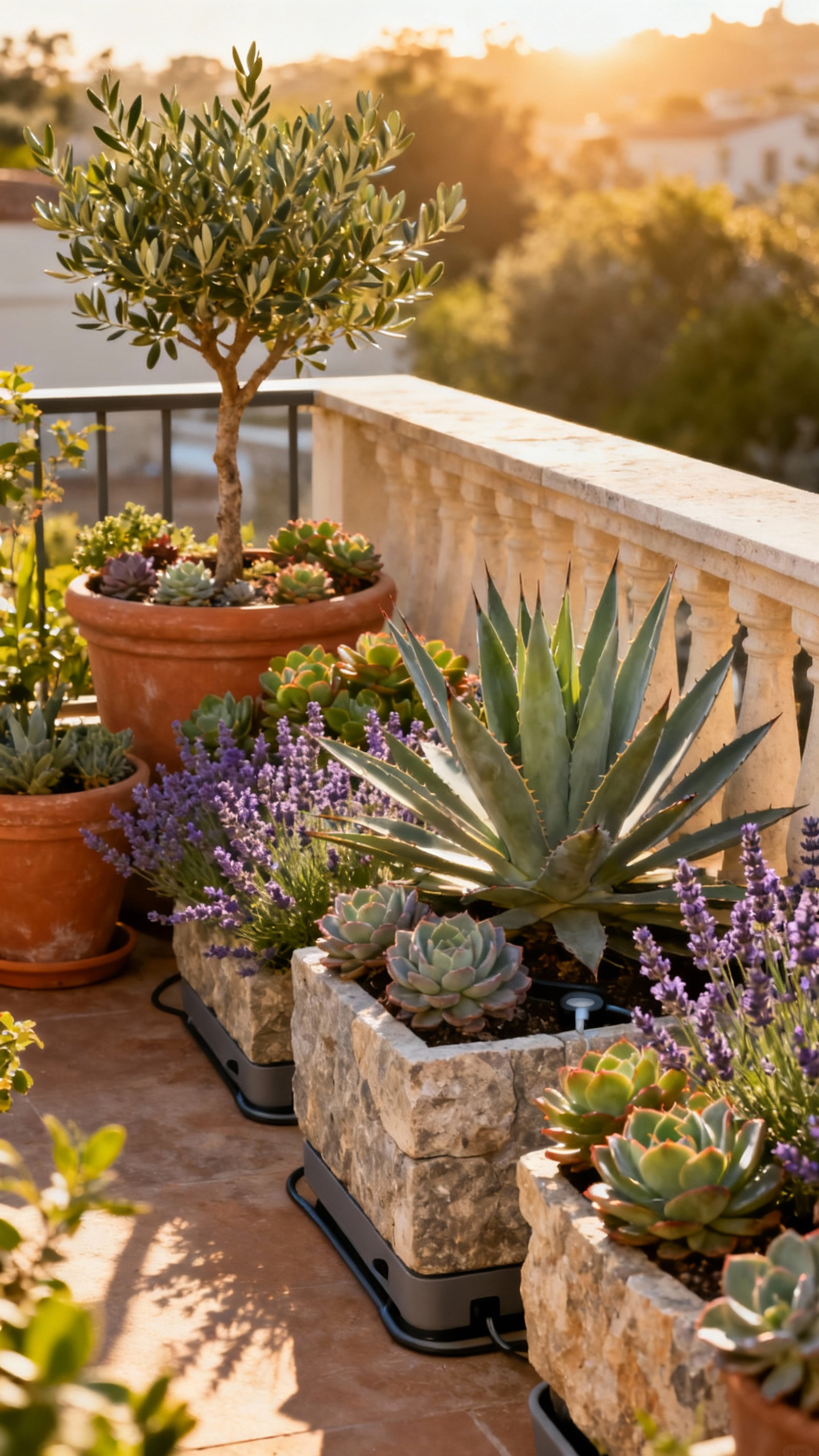 A beautiful balcony garden featuring an array of drought-tolerant plants like succulents, lavender, and a dwarf olive tree in stylish planters under warm, golden light.