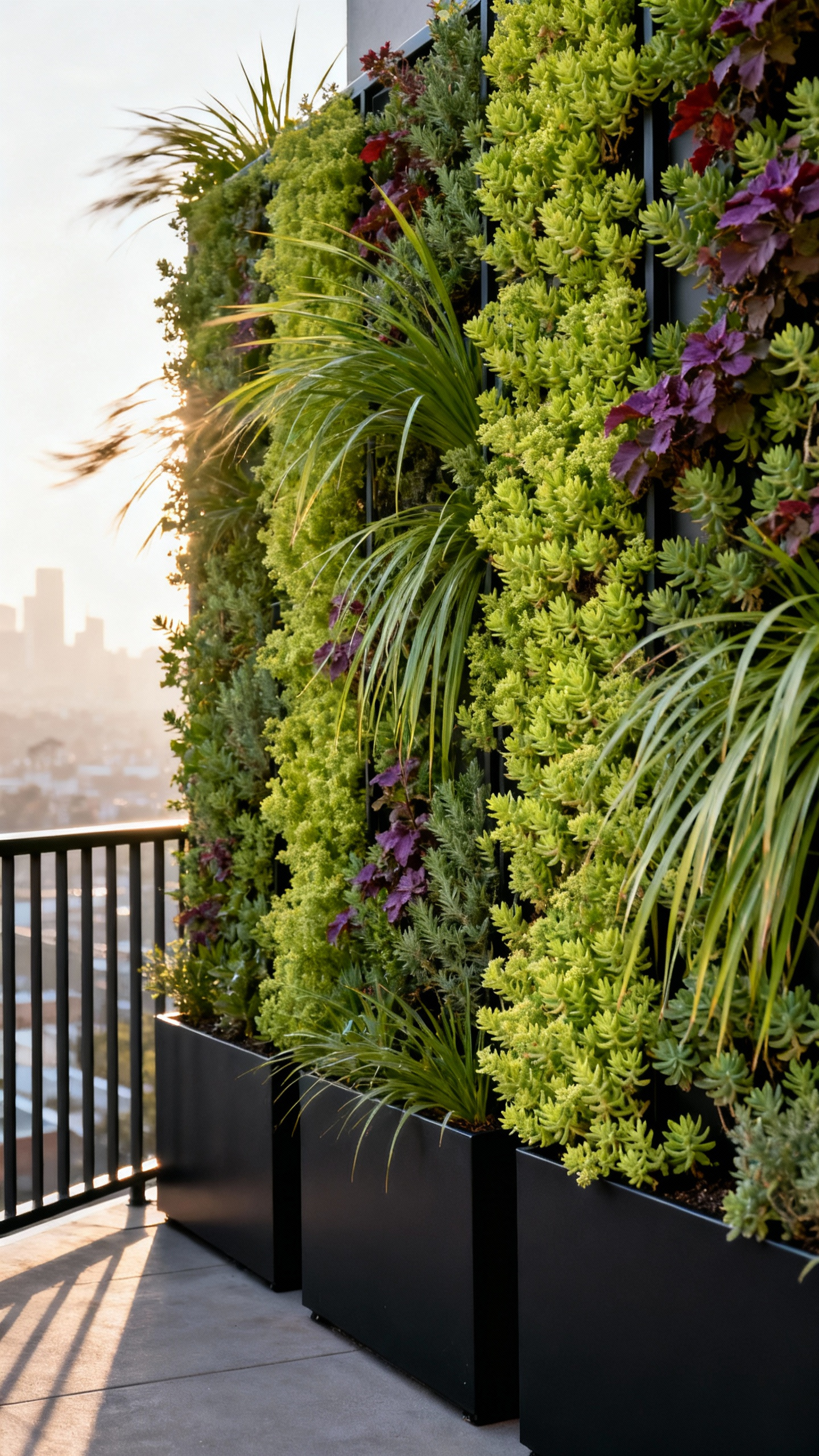 A portrait photo of a modern urban balcony featuring sleek black railing planters filled with dense, vibrant green foliage creating a privacy screen against an urban backdrop.