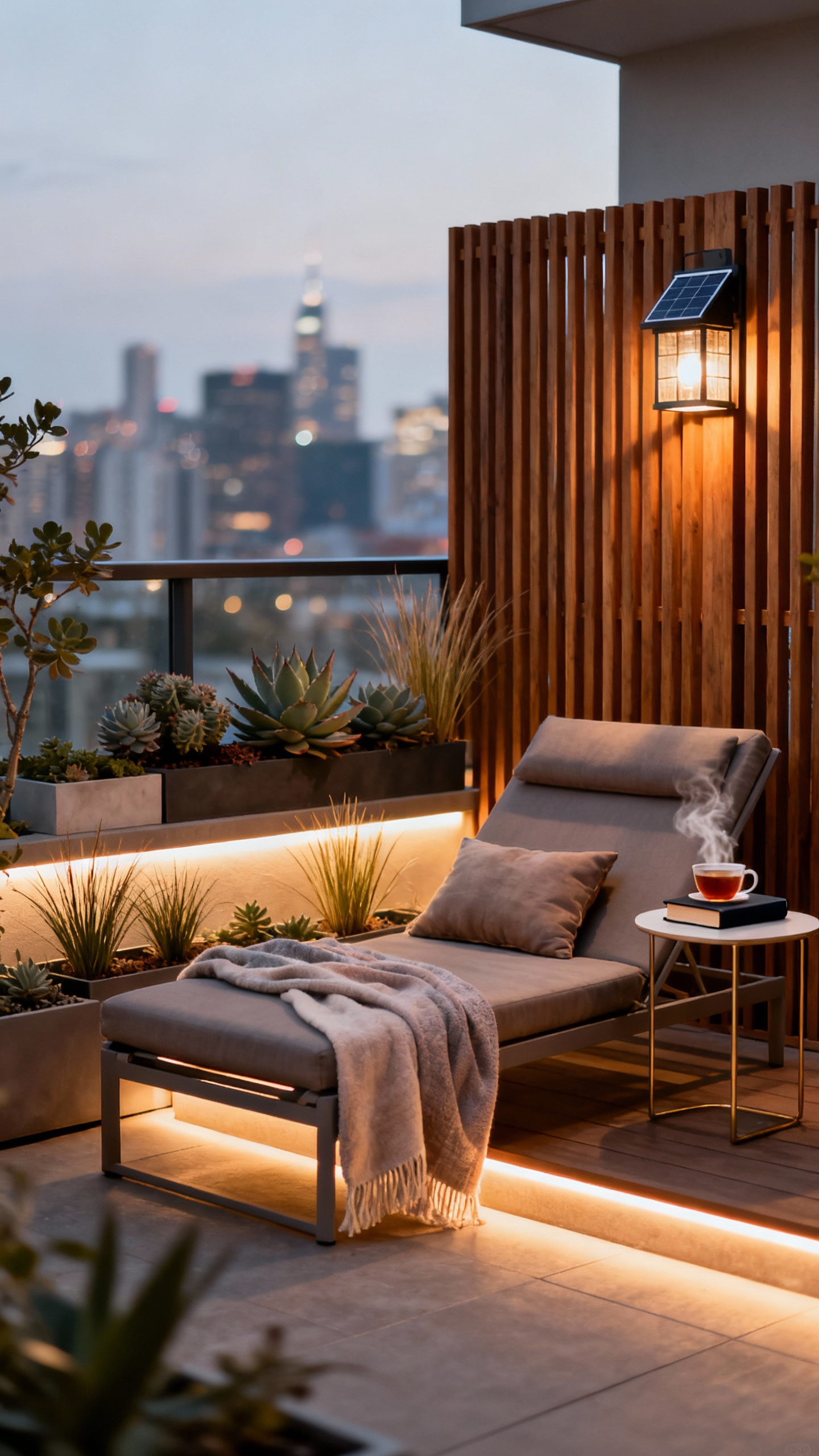 Balcony designed as a serene retreat with a chaise lounge, privacy screens, potted plants, and soft lighting, emphasizing purposeful balcony design.
