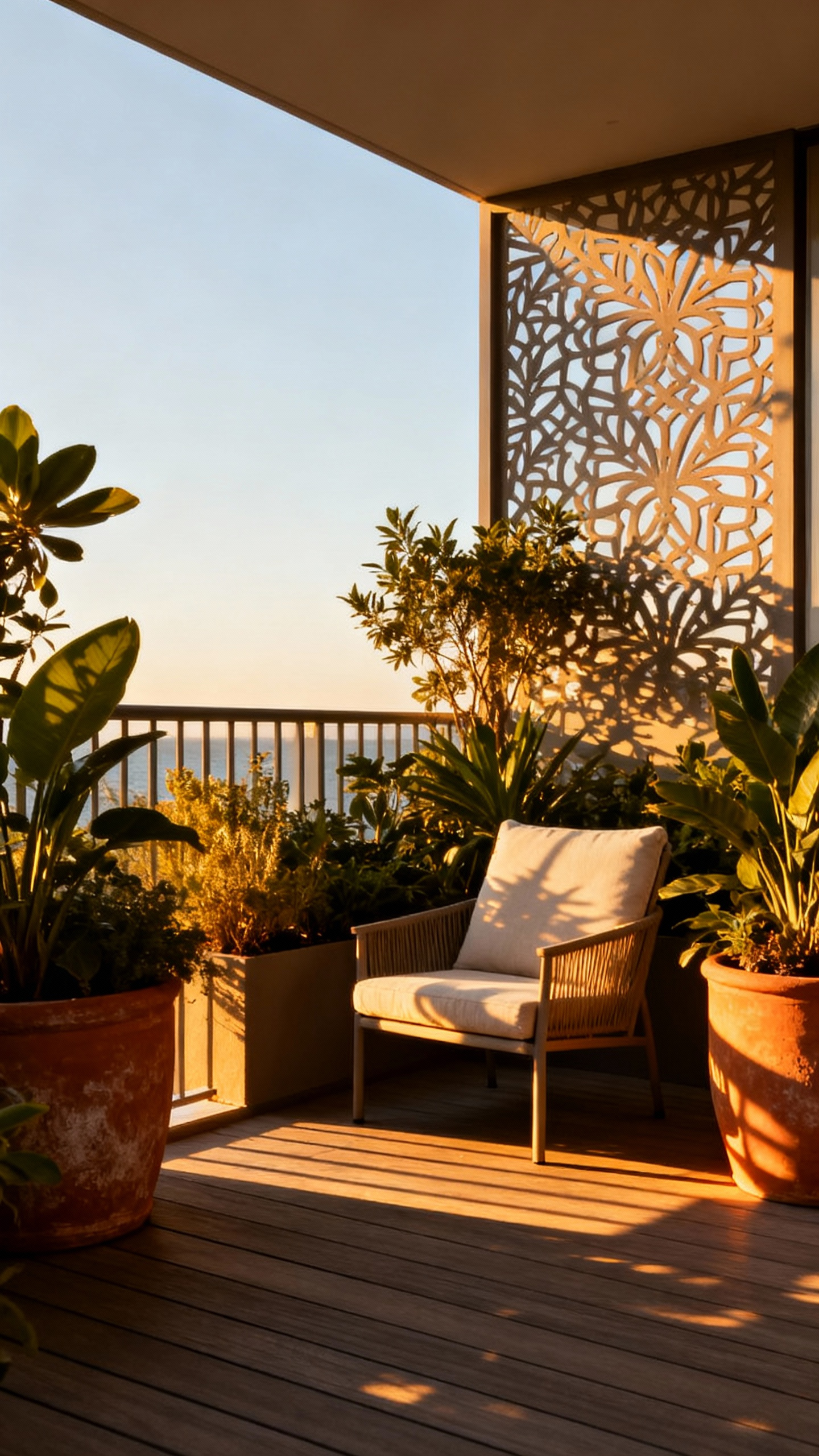 A balcony scene illustrating varied sun exposure, with sun-drenched plants and shaded seating, demonstrating plant resilience and comfort design.