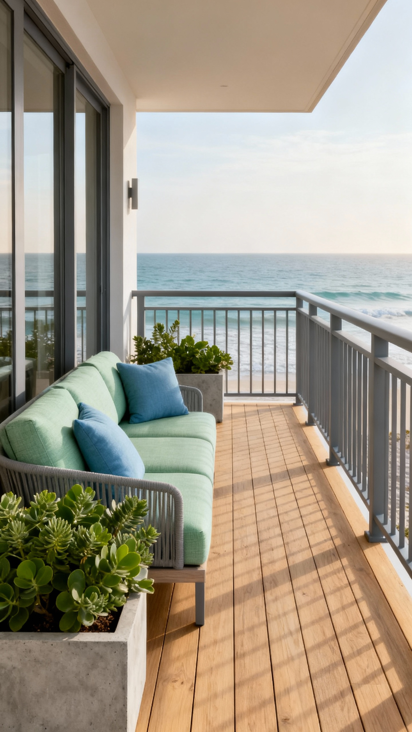 A sophisticated balcony featuring a coastal contemporary color palette, showcasing weathered wood tones, soft marine-grade fabrics in blues and greens, and sleek metal accents. No people are visible.