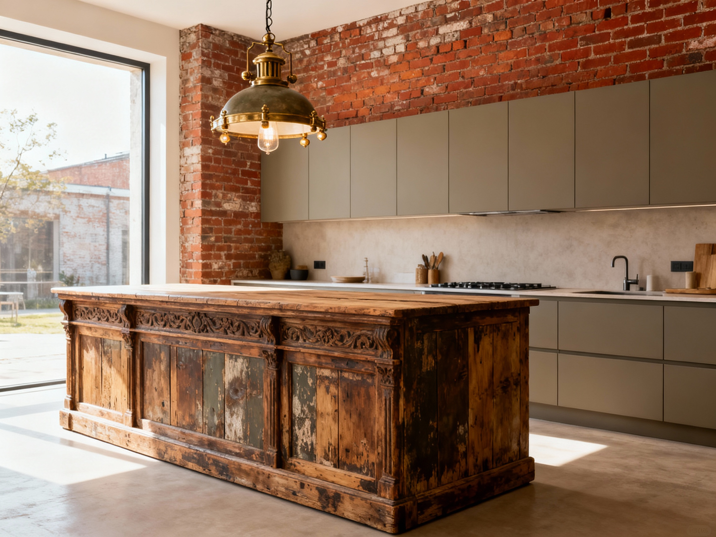 Eclectic kitchen interior featuring a vintage patisserie counter as an island, modern cabinetry, and exposed brick walls, showcasing unique style blending eras and personal narrative.