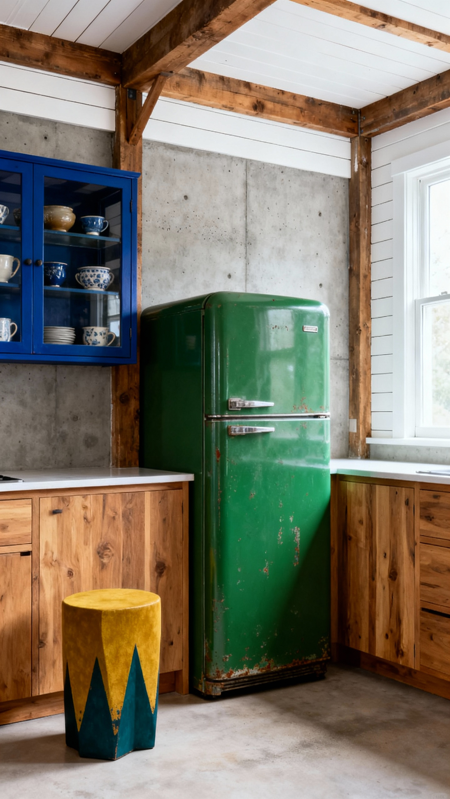 Eclectic kitchen interior featuring bold emerald green and sapphire blue accents on vintage and modern elements, creating strategic visual impact.