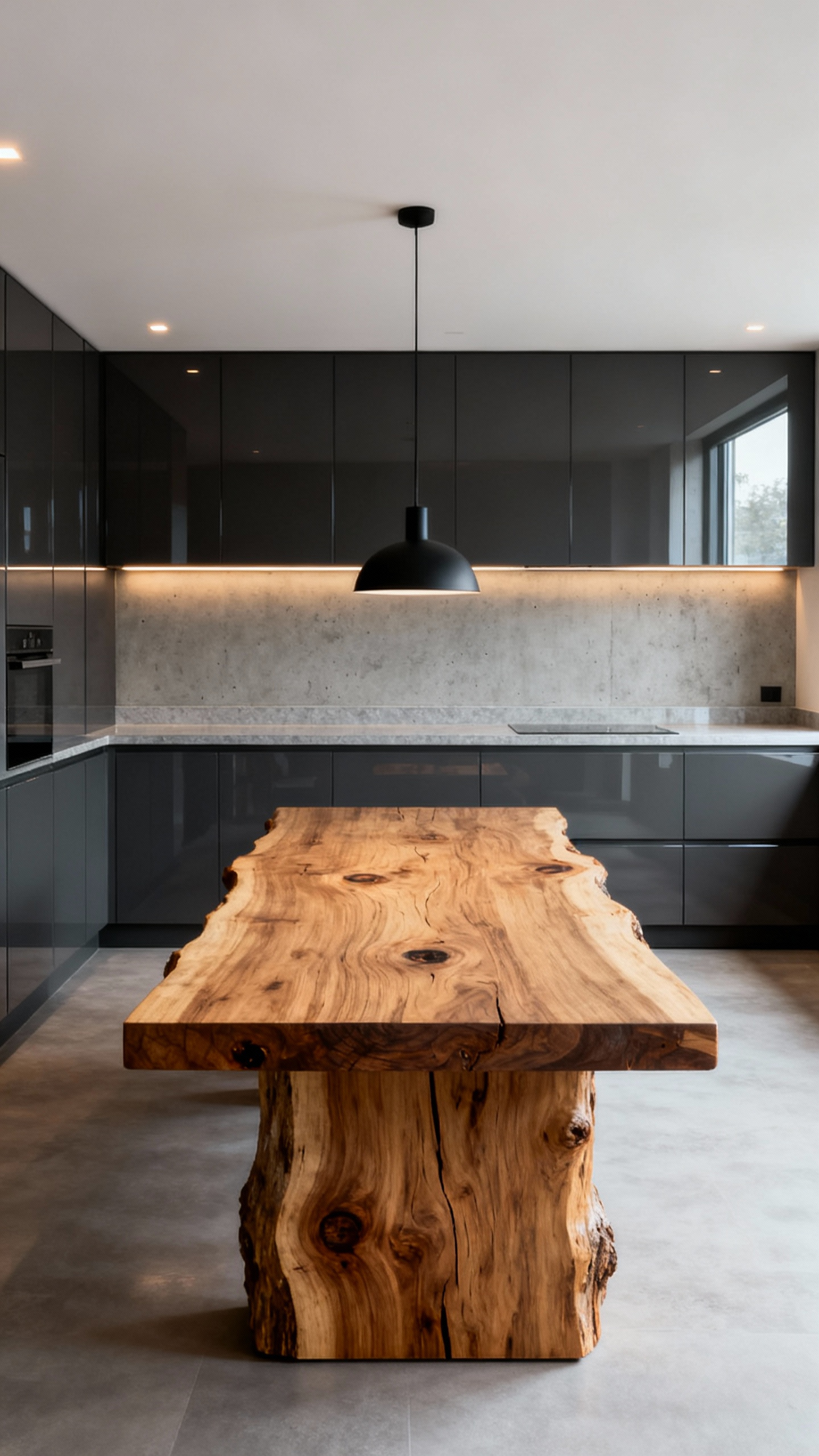 Eclectic kitchen design featuring a strong counterpoint of surfaces, with dark grey high-gloss lacquer cabinetry and a polished quartz countertop beautifully contrasted by a live-edge oak island and textured concrete backsplash, creating a sophisticated and organic blend.