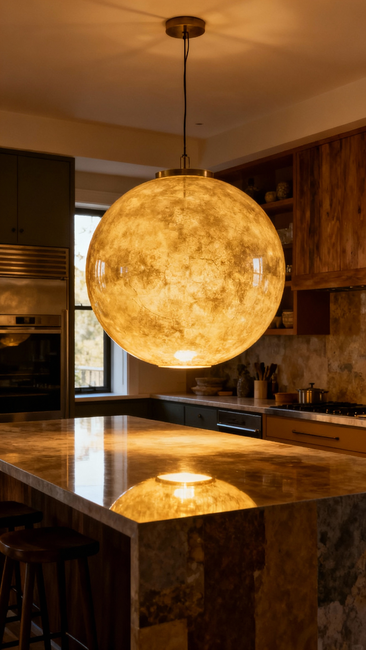 Mid-Century Modern globe pendant light hanging over an eclectic kitchen island with mixed materials, showcasing a statement lighting fixture as art.