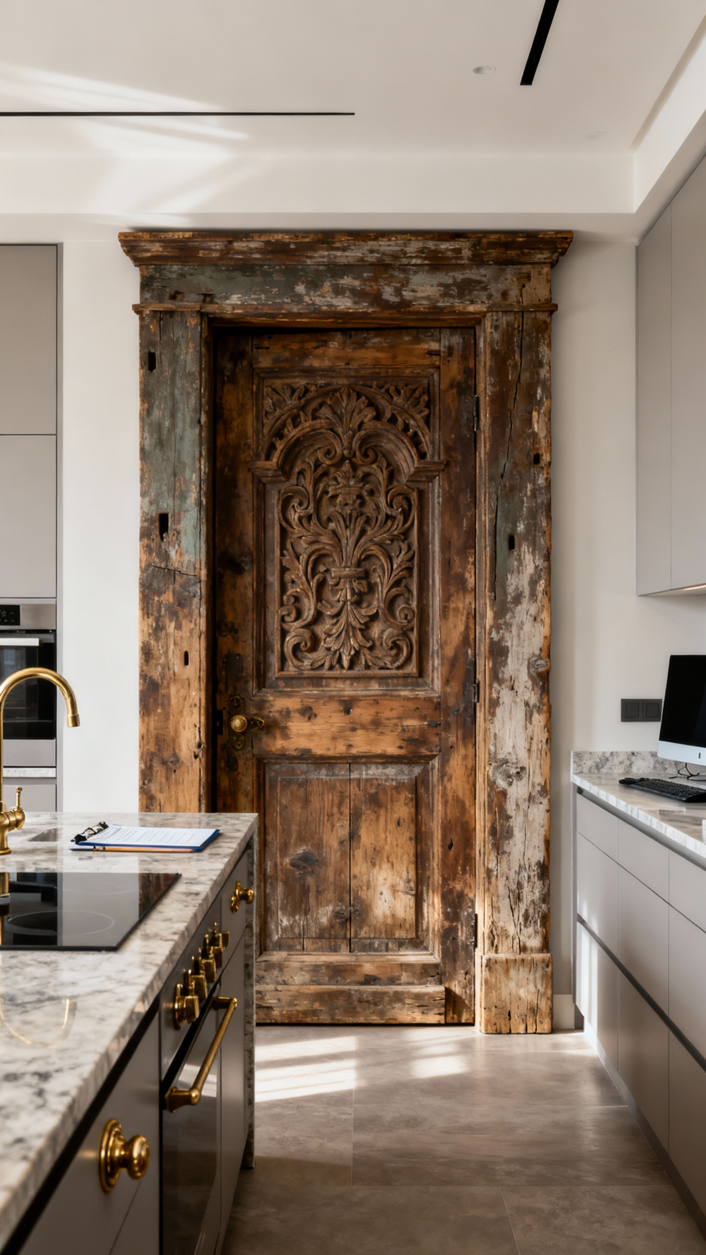 Eclectic kitchen with a reclaimed architectural details integrated into modern design, featuring a repurposed antique wooden pantry door, showcasing intelligent infill.