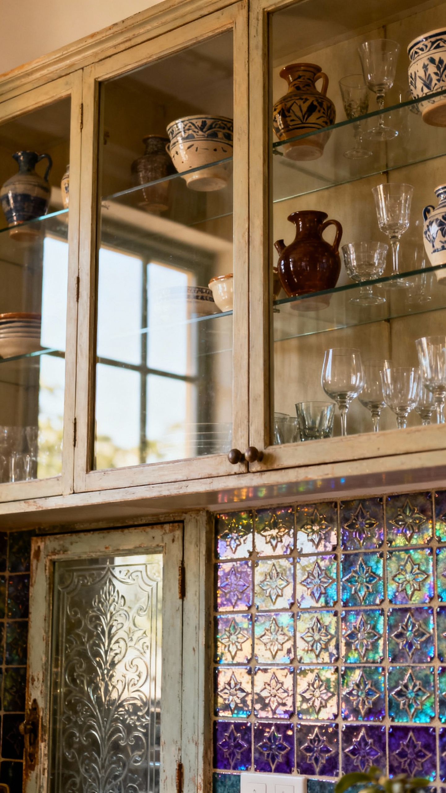 Eclectic kitchen with glass-front cabinets, iridescent Zellige tile backsplash, and vintage etched glass pantry door, emphasizing transparency, light, and sparkle.