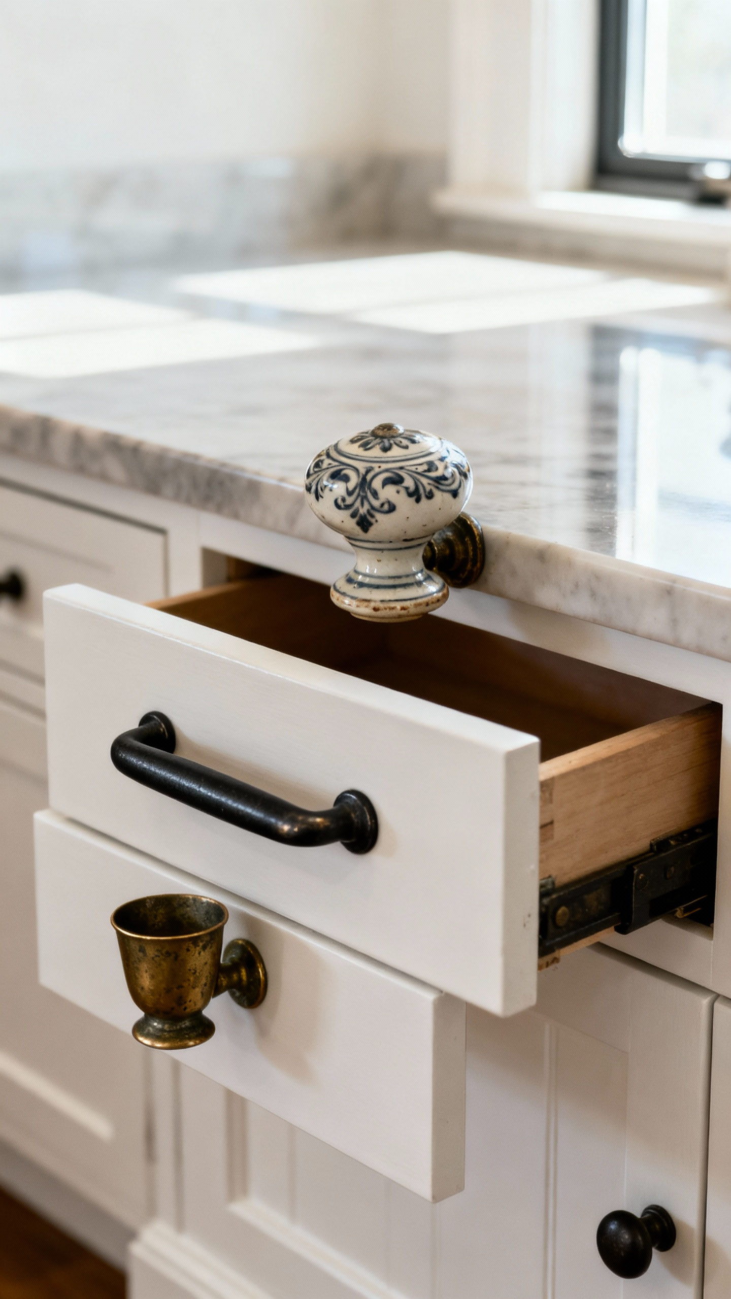 Eclectic kitchen cabinet with mixed vintage ceramic, blackened steel, and brass hardware knobs and pulls, showcasing heirloom character.