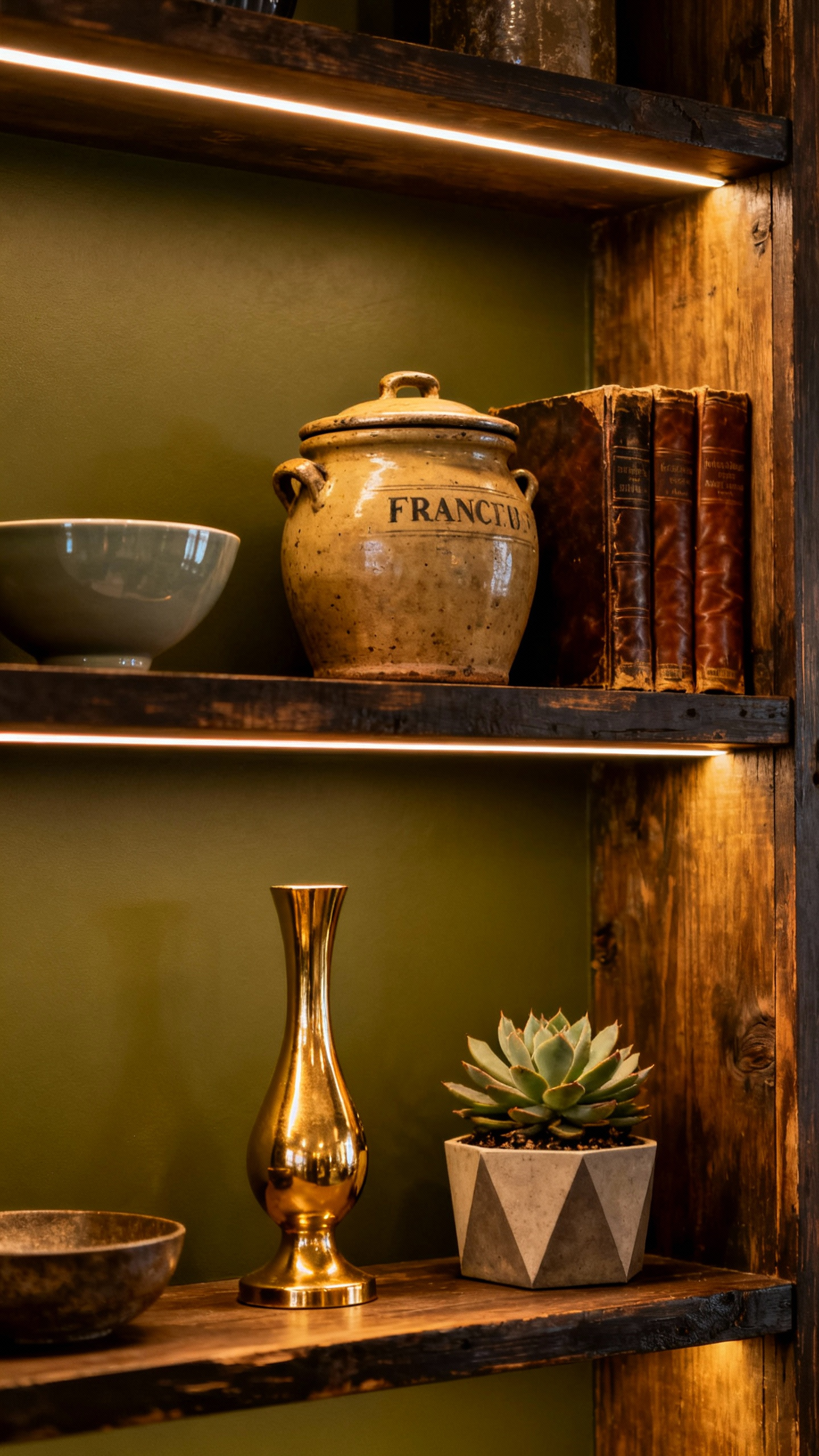 Eclectic kitchen open shelving with a curated vignette featuring vintage pots, antique books, ceramic bowls, and succulents, illuminated by LED lighting.