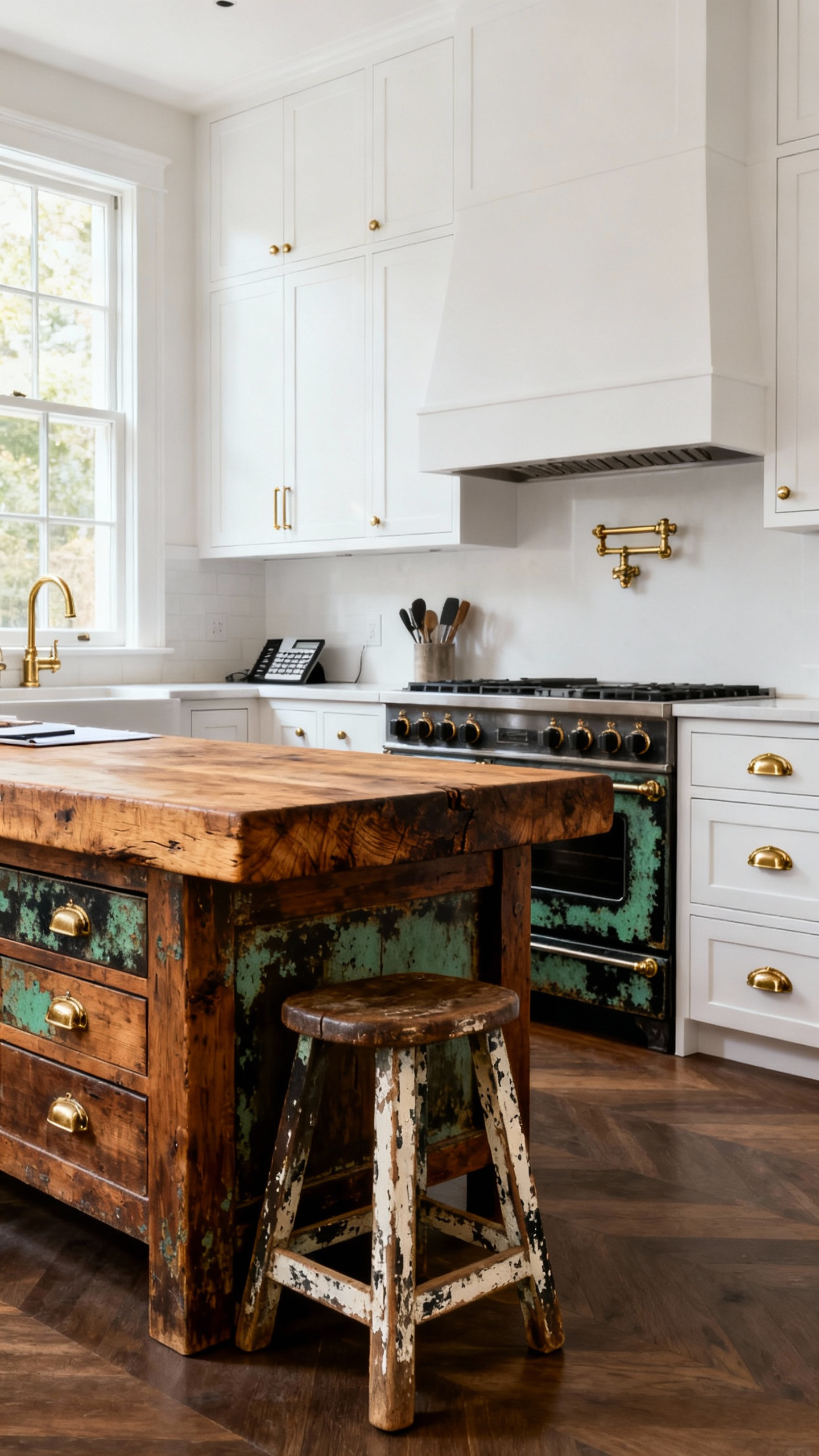 Eclectic kitchen design featuring a deeply patinated butcher block island, antique brass hardware, and weathered wood, showcasing vintage finishes for soulful depth.