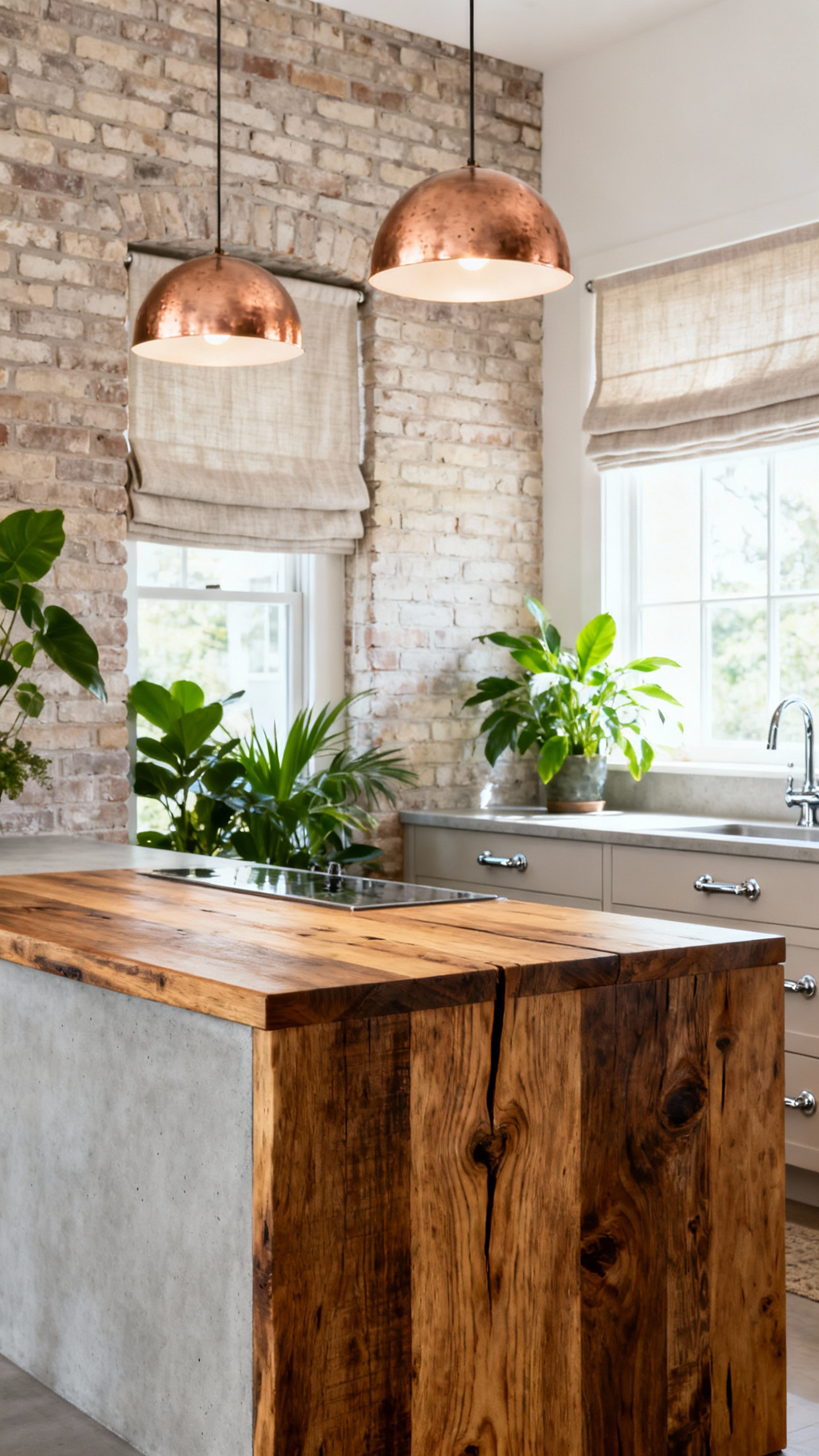 Eclectic kitchen with harmoniously blended natural wood, concrete, polished metal, and soft textiles, showcasing textural depth.