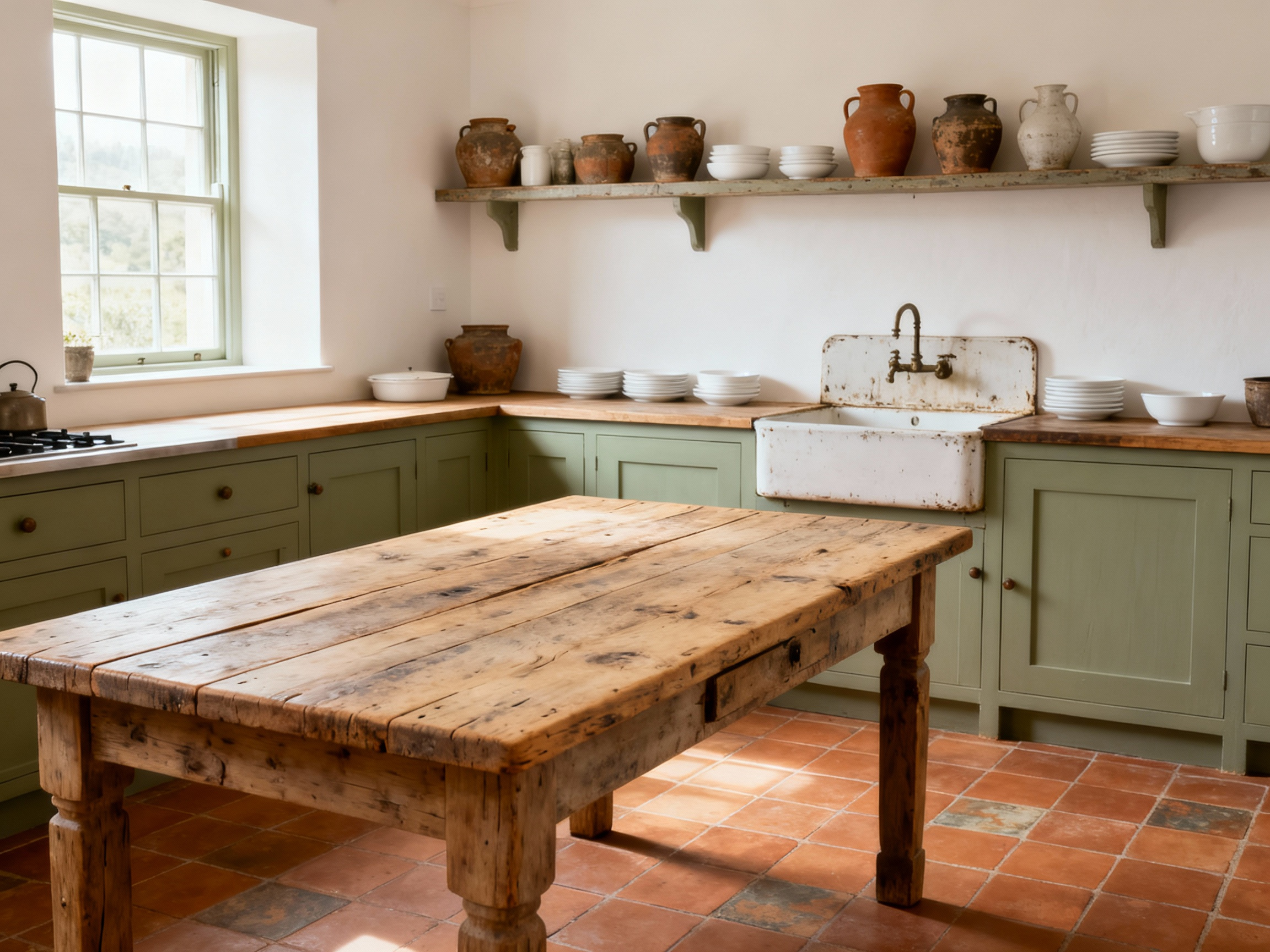 Serene country kitchen with earthy hues, sage green cabinets, creamy walls, reclaimed wood island, terracotta tiles, and vintage earthenware.