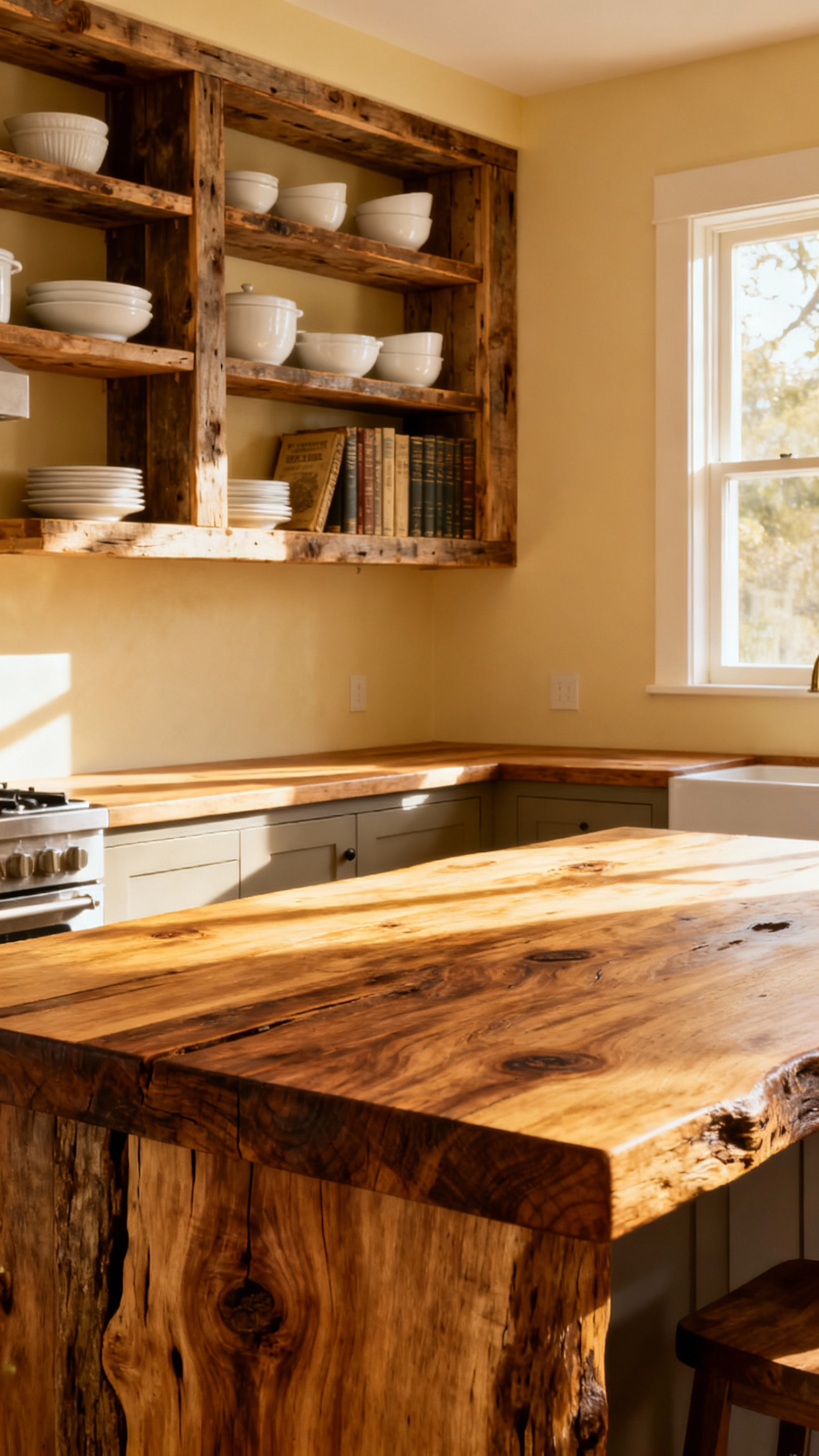 Country kitchen with natural wood butcher block island and reclaimed timber open shelving, displaying an inviting organic texture.