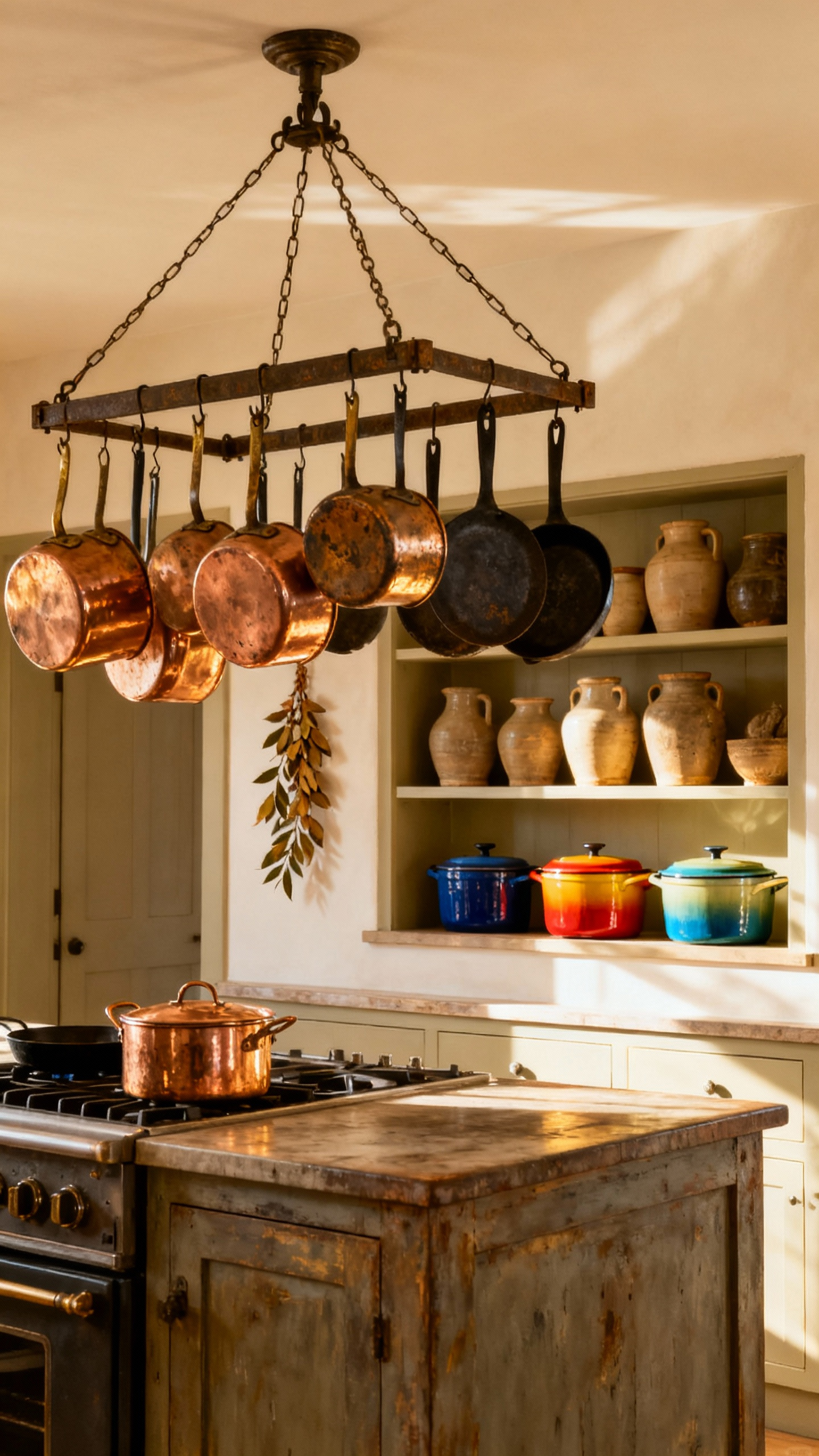 A warm country kitchen featuring a curated display of heirloom copper pots, cast iron skillets, and enamelware on a rustic pot rack and open shelves.
