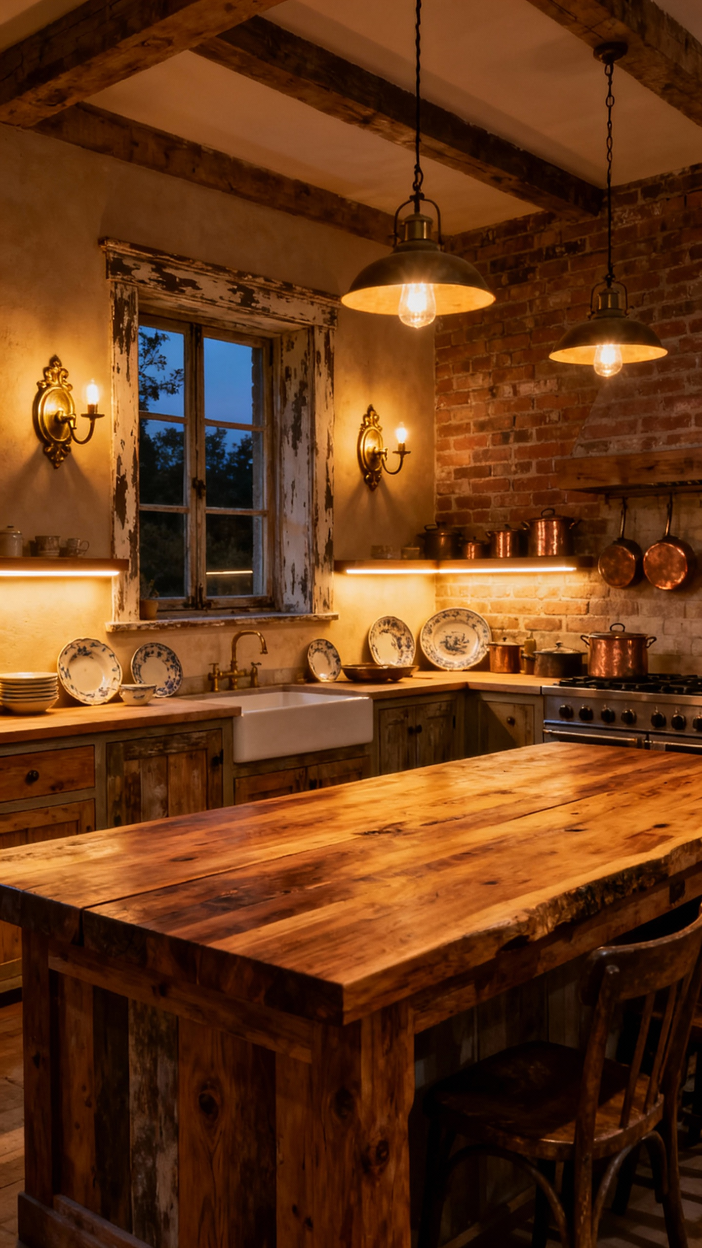 A warm and inviting country kitchen at dusk, showcasing layered lighting with farmhouse pendant lights over an island, under-cabinet task lighting illuminating a countertop, and subtle accent lights highlighting open shelving with antique crockery, all contributing to a purposeful and ambient glow.