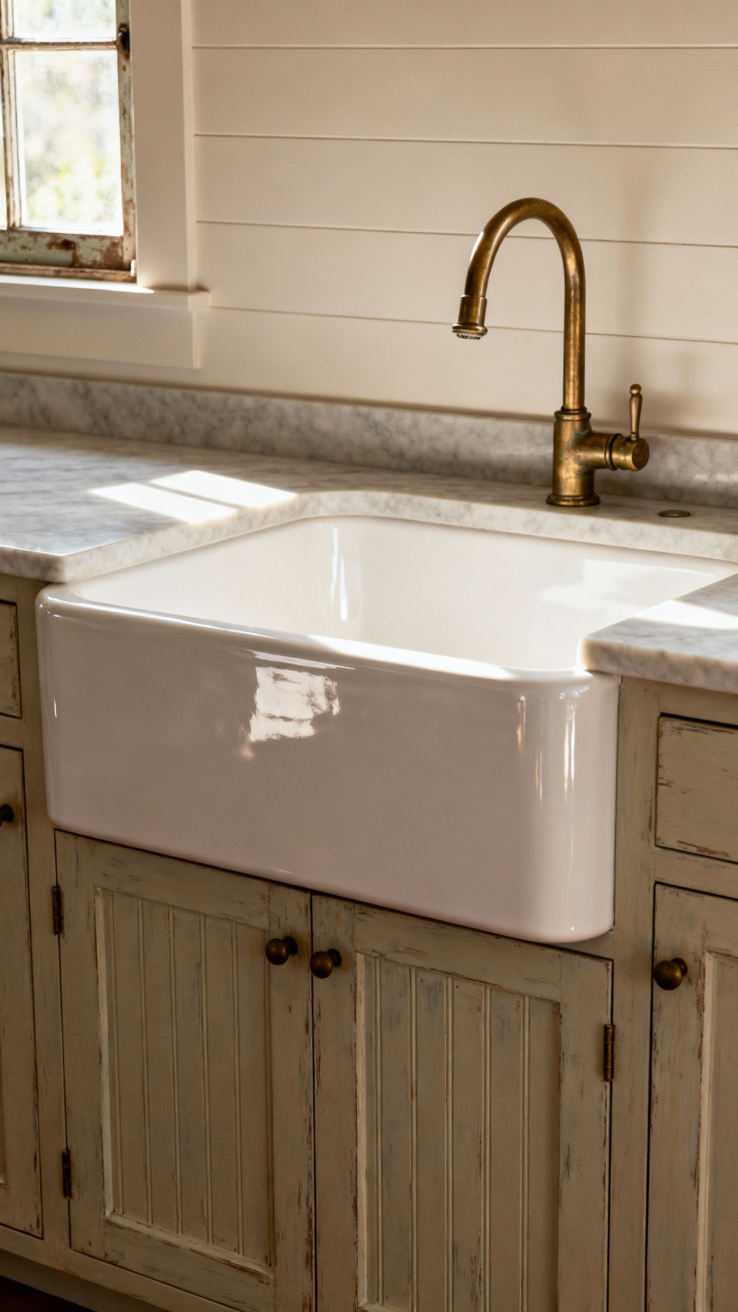 Close-up of a deep, white fireclay apron-front farmhouse sink with brass faucet, integrated into a distressed beadboard cabinet, with soapstone countertops in a rustic country kitchen setting, bathed in soft natural light.