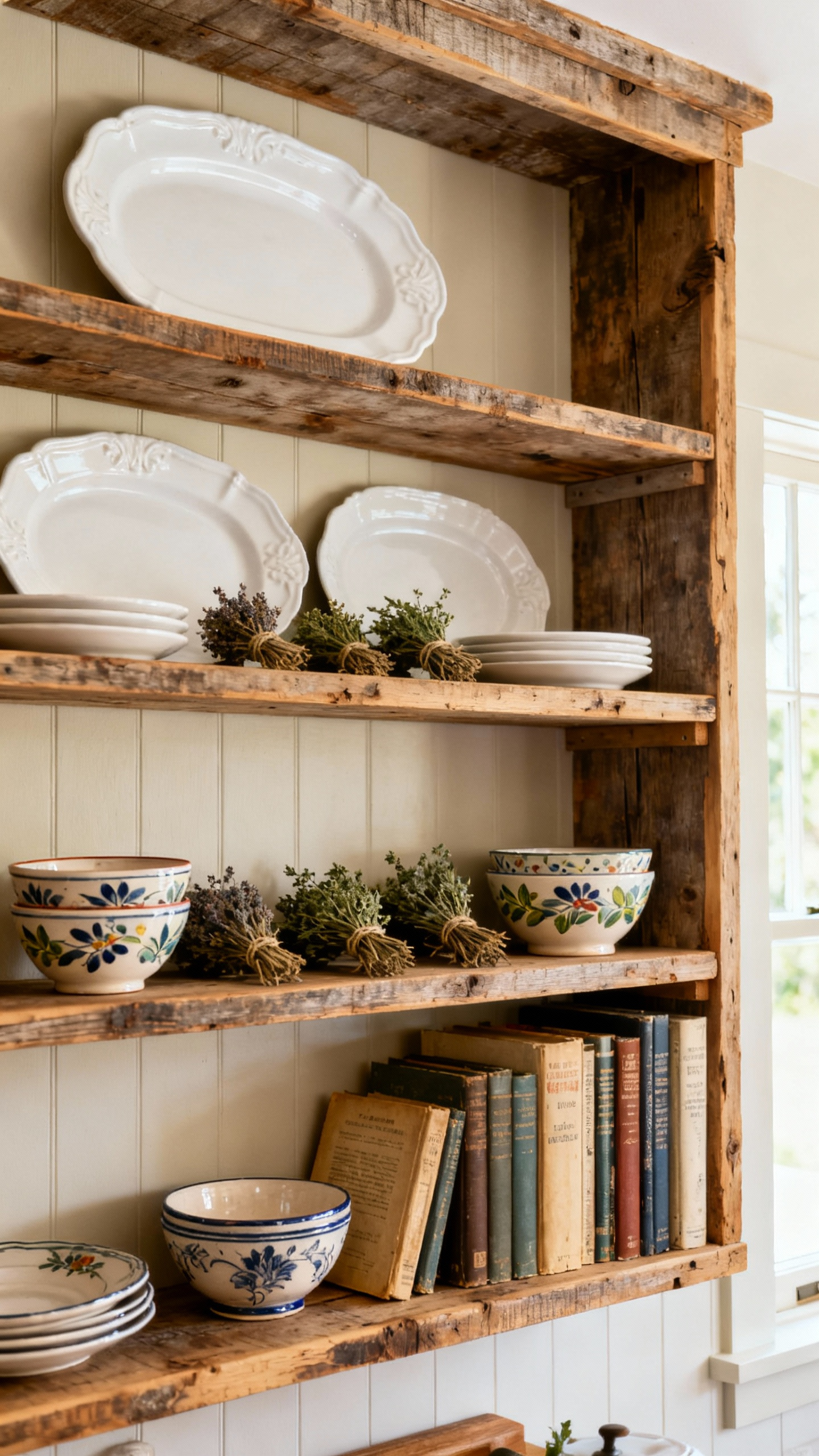 Country kitchen with accessible open reclaimed wood shelving, displaying vintage ironstone, ceramic bowls, dried herbs, and cookbooks, bathed in natural light.