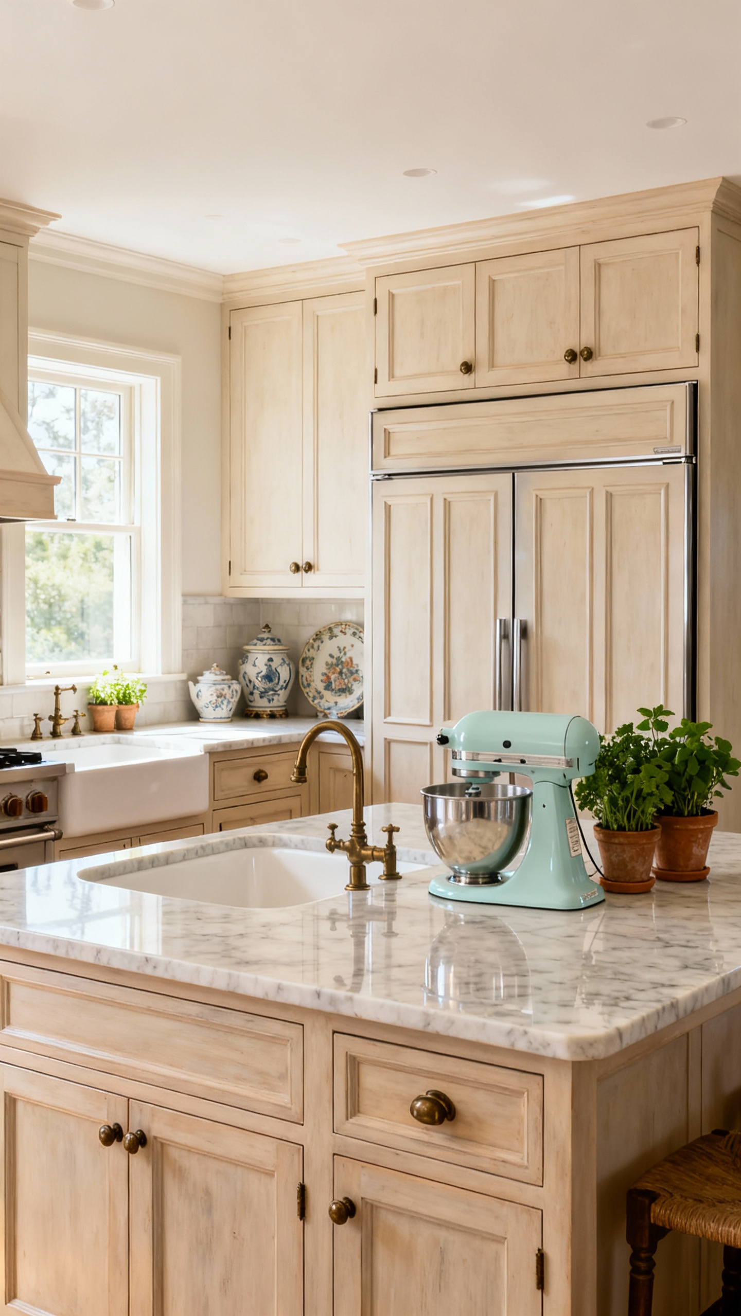 A charming country kitchen interior featuring custom light wood paneled cabinetry that discreetly hides a modern refrigerator. A retro pastel stand mixer sits on a soapstone island, blending modern functionality with vintage aesthetics.