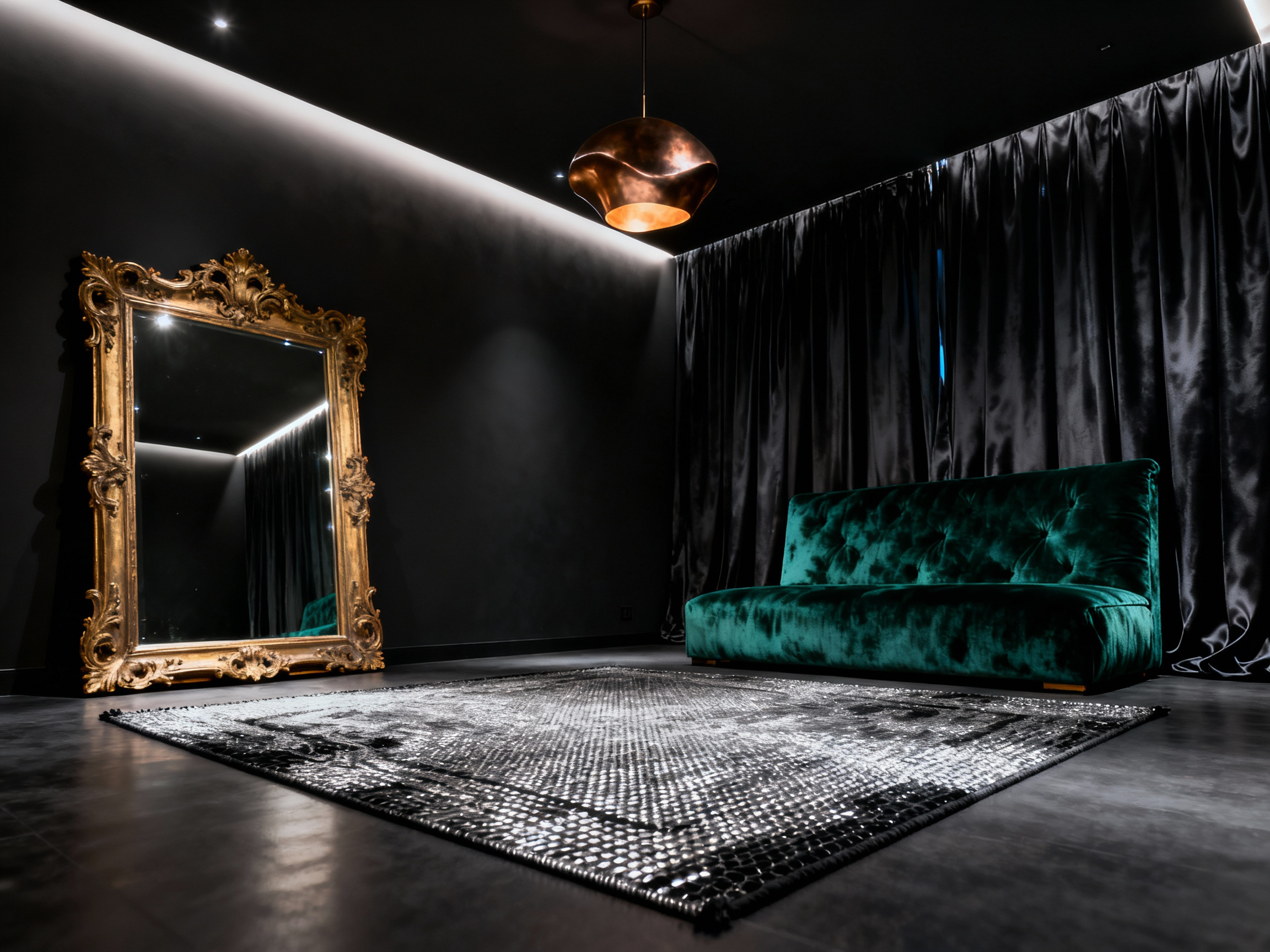 Luxurious matte black bedroom with gold-leaf mirror and emerald velvet, showcasing depth.