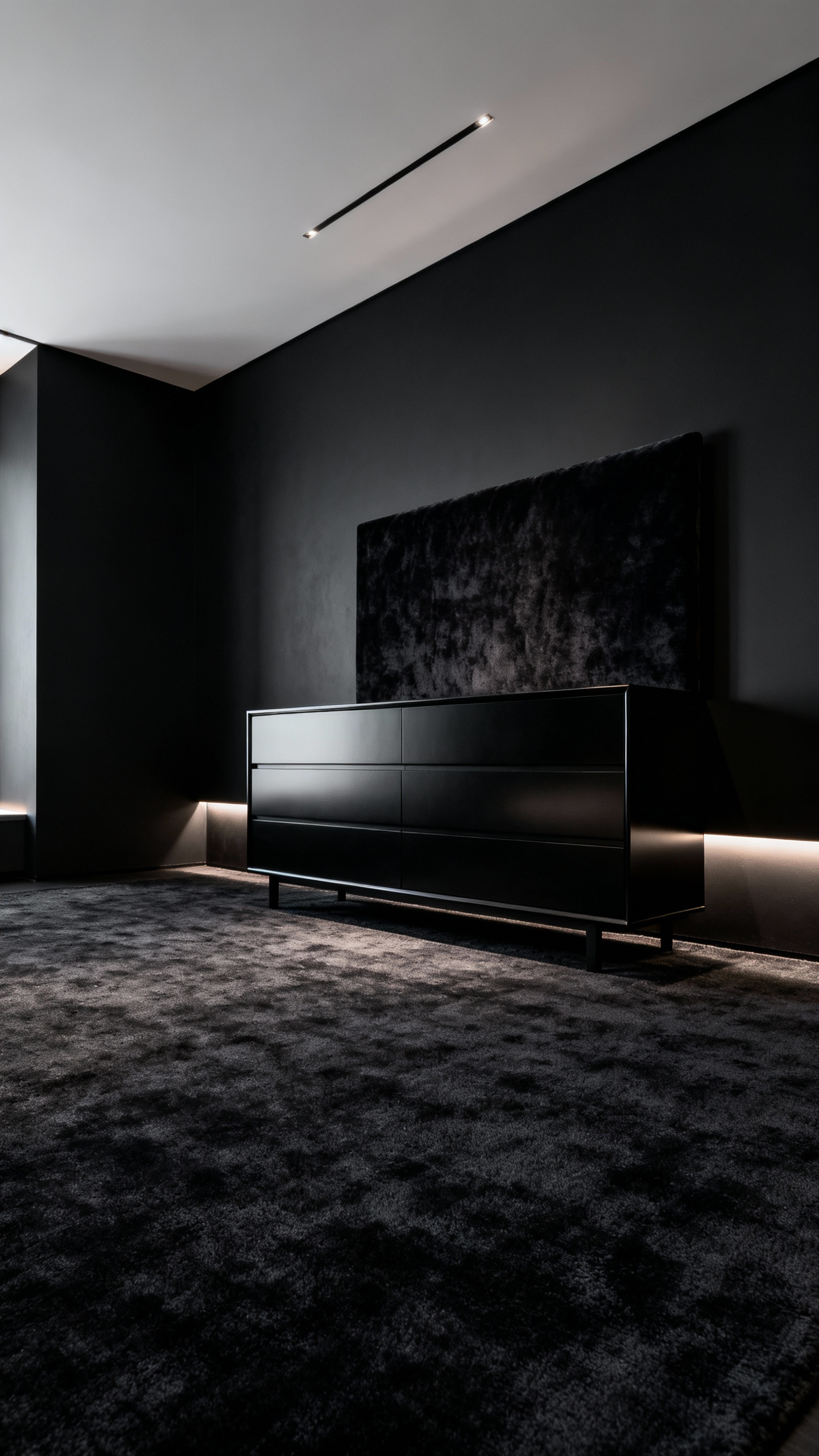 A luxurious bedroom featuring matte black walls, a black lacquered dresser, and deep charcoal carpet, illustrating seamless spatial continuity.