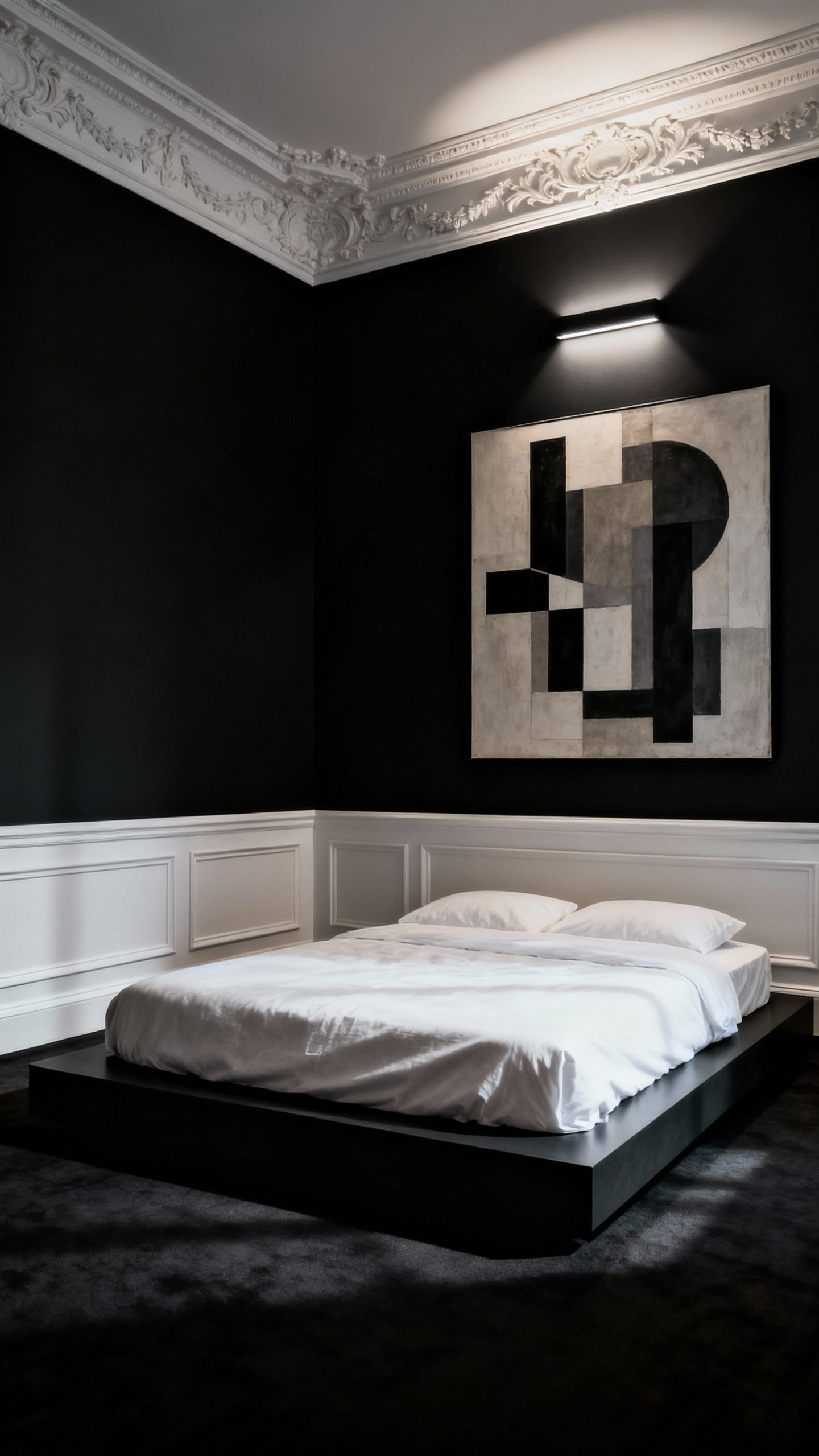 A luxurious black bedroom showcasing a blend of modern and classic styles, featuring matte black walls, white ornate molding, a minimalist bed, and abstract art, lit by subtle ambient lighting.