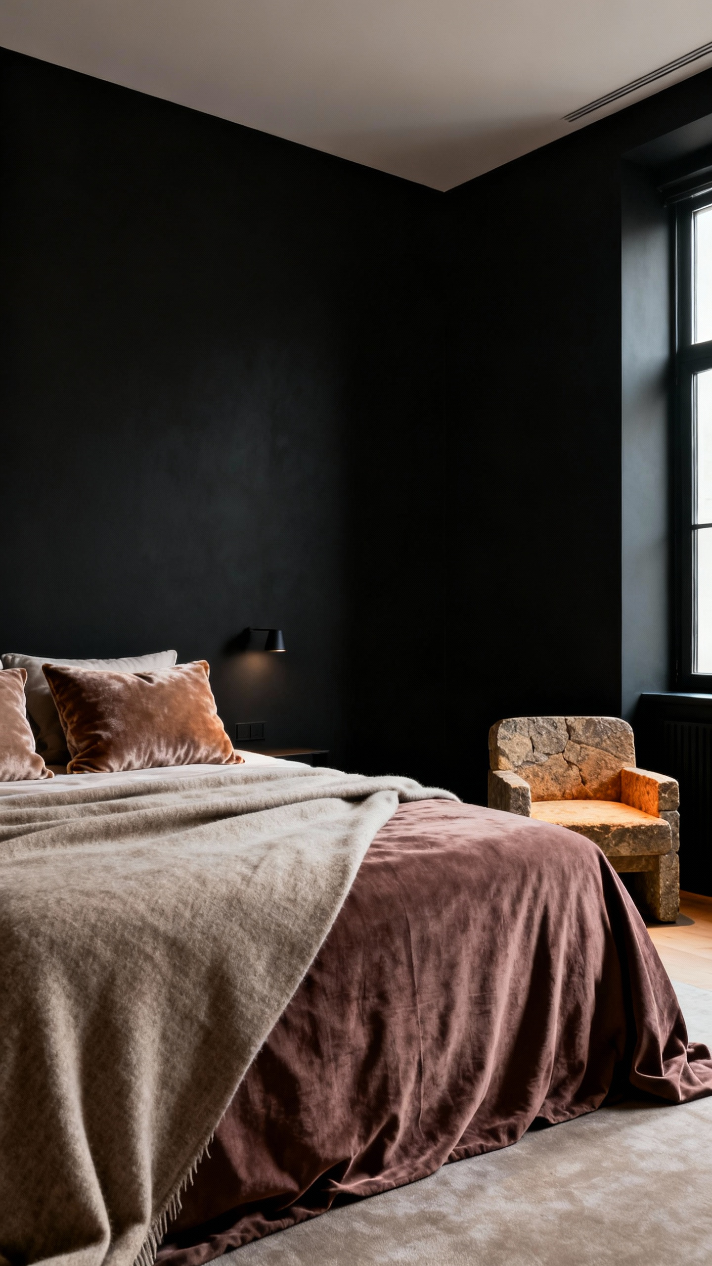 Luxurious black bedroom with layered greige, taupe, and mushroom neutral tones on bedding, drapes, and upholstered furniture, creating depth and softness with balanced lighting.
